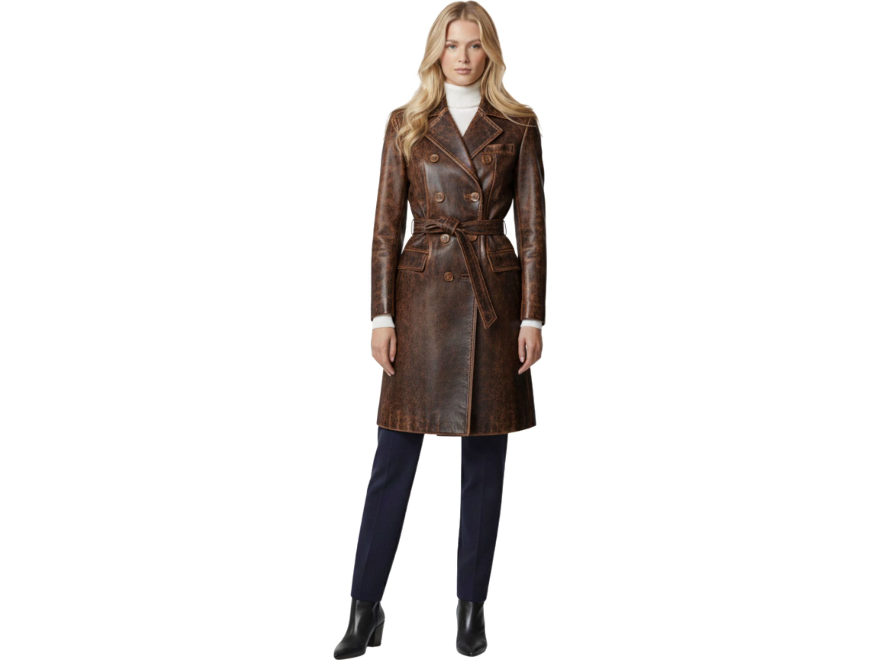 Women’s Crazy Horse Leather Trench Coat – Premium Cowhide Brown Luxury Winter & Office Wear