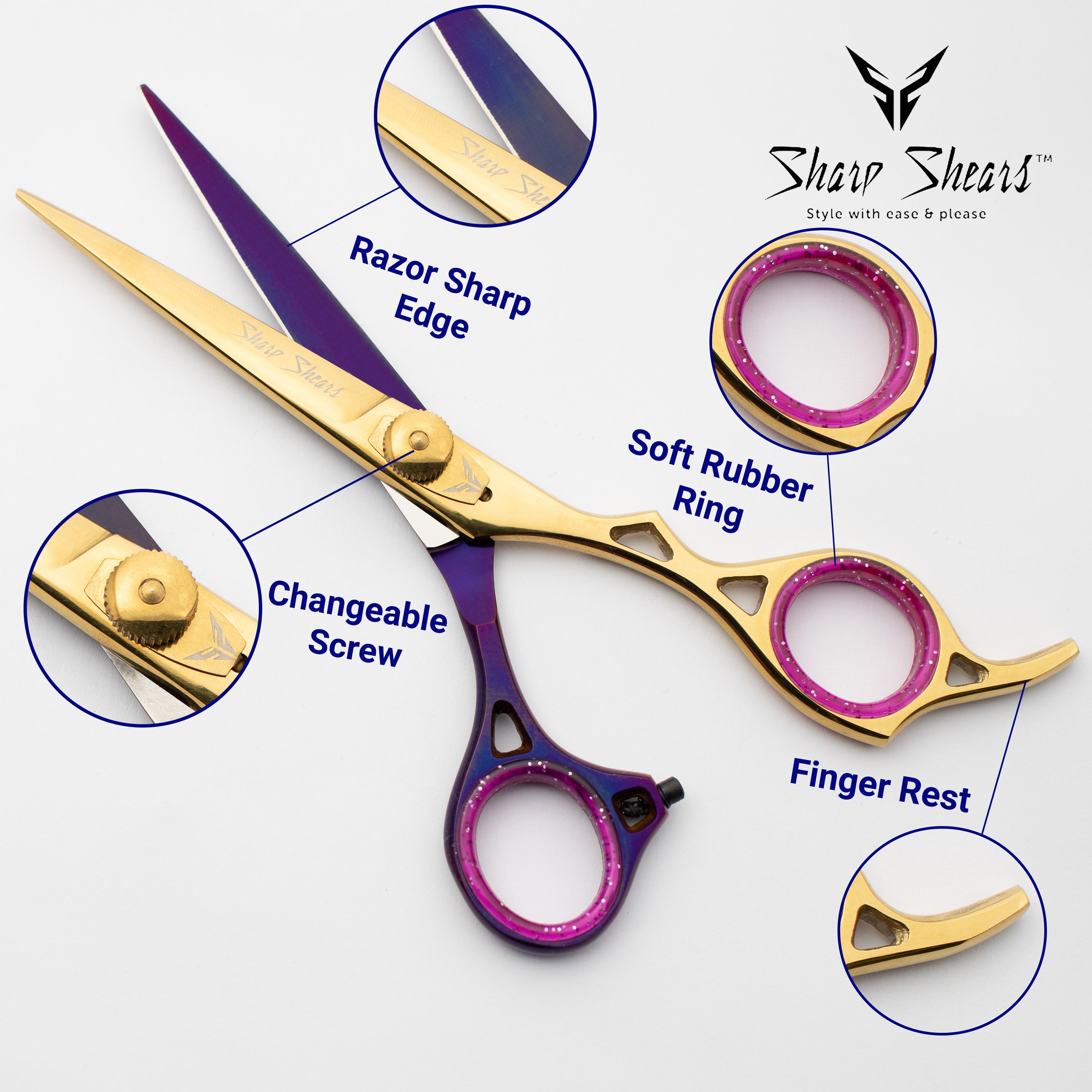 Sharp Shears scissors with highlighted features on a white background