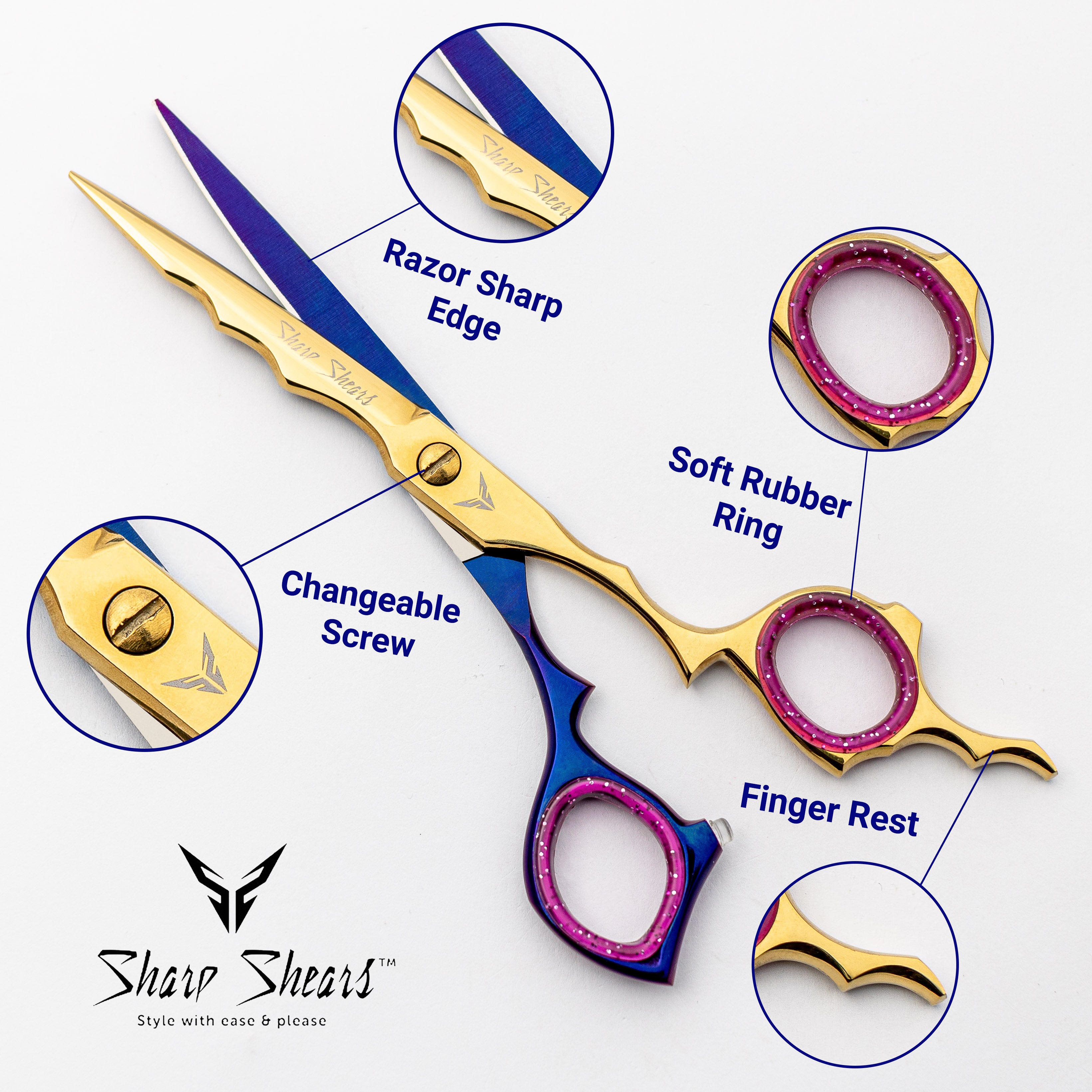 Barber Scissors Blue and Gold Color 6.5 Inch Japanese Steel Hair Cutting Tool for Hairdressers Stylists with Storage Pouch