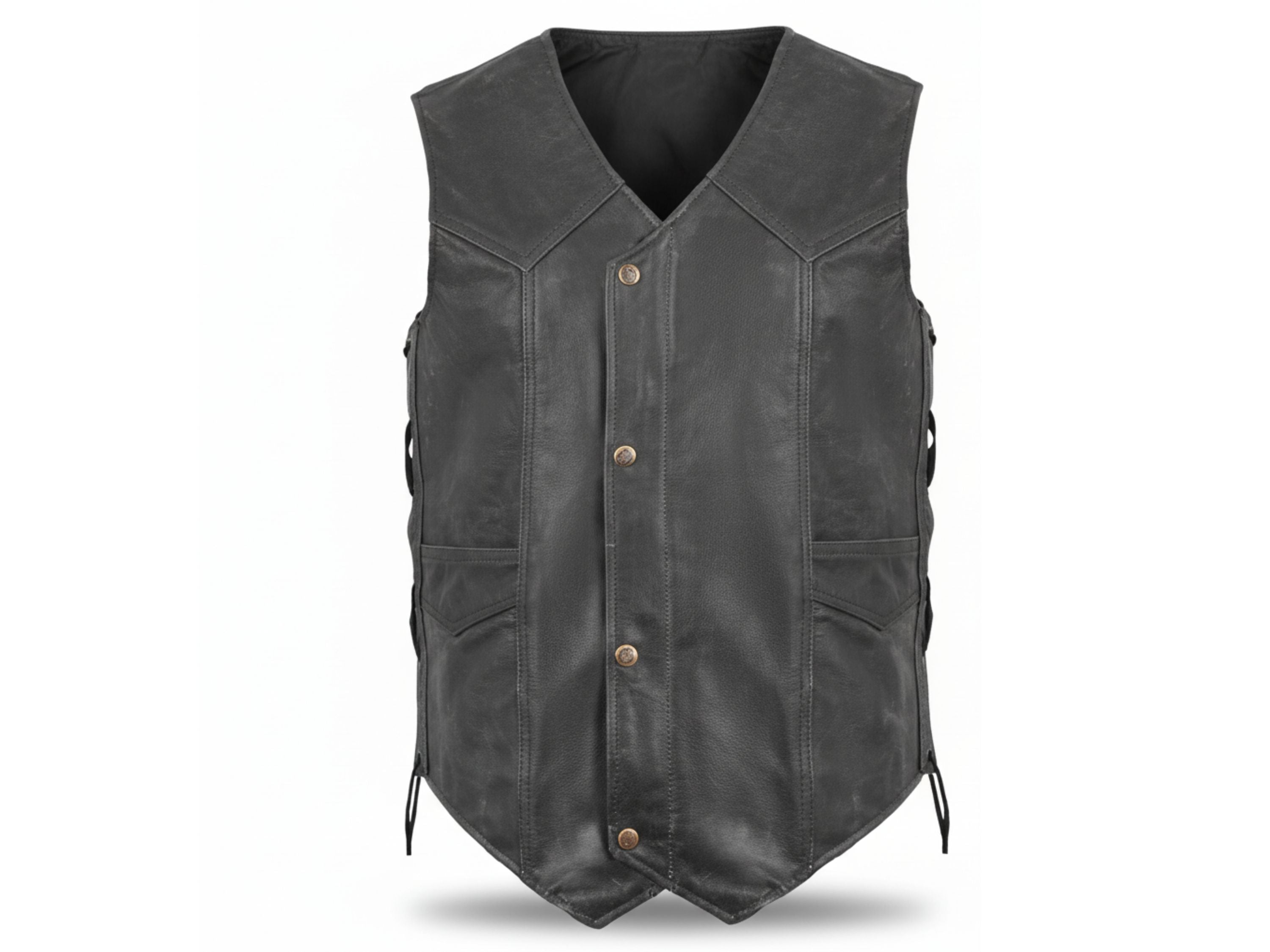 Black Distressed Leather vest with stud buttons and hidden zip outlaw biker vest