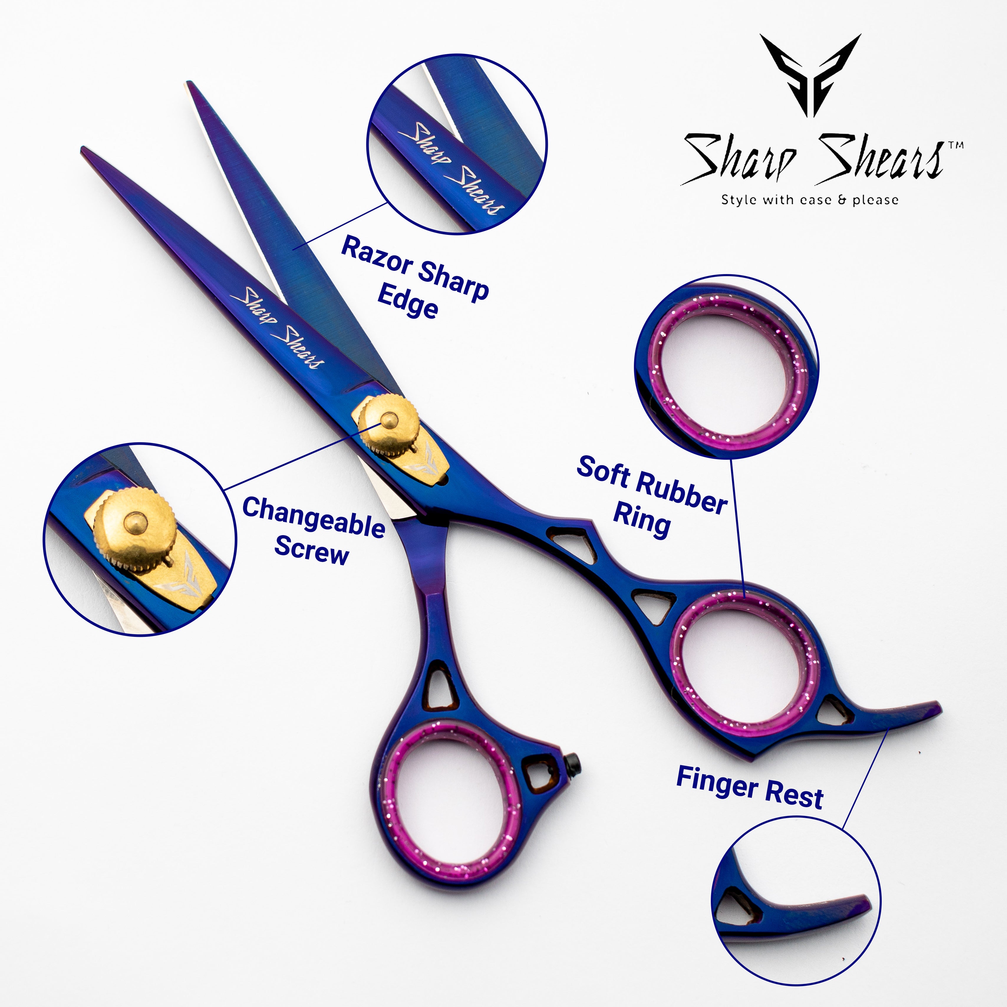 Blue and purple hair shears with features highlighted on a white background, branded as 'Sharp Shears'.