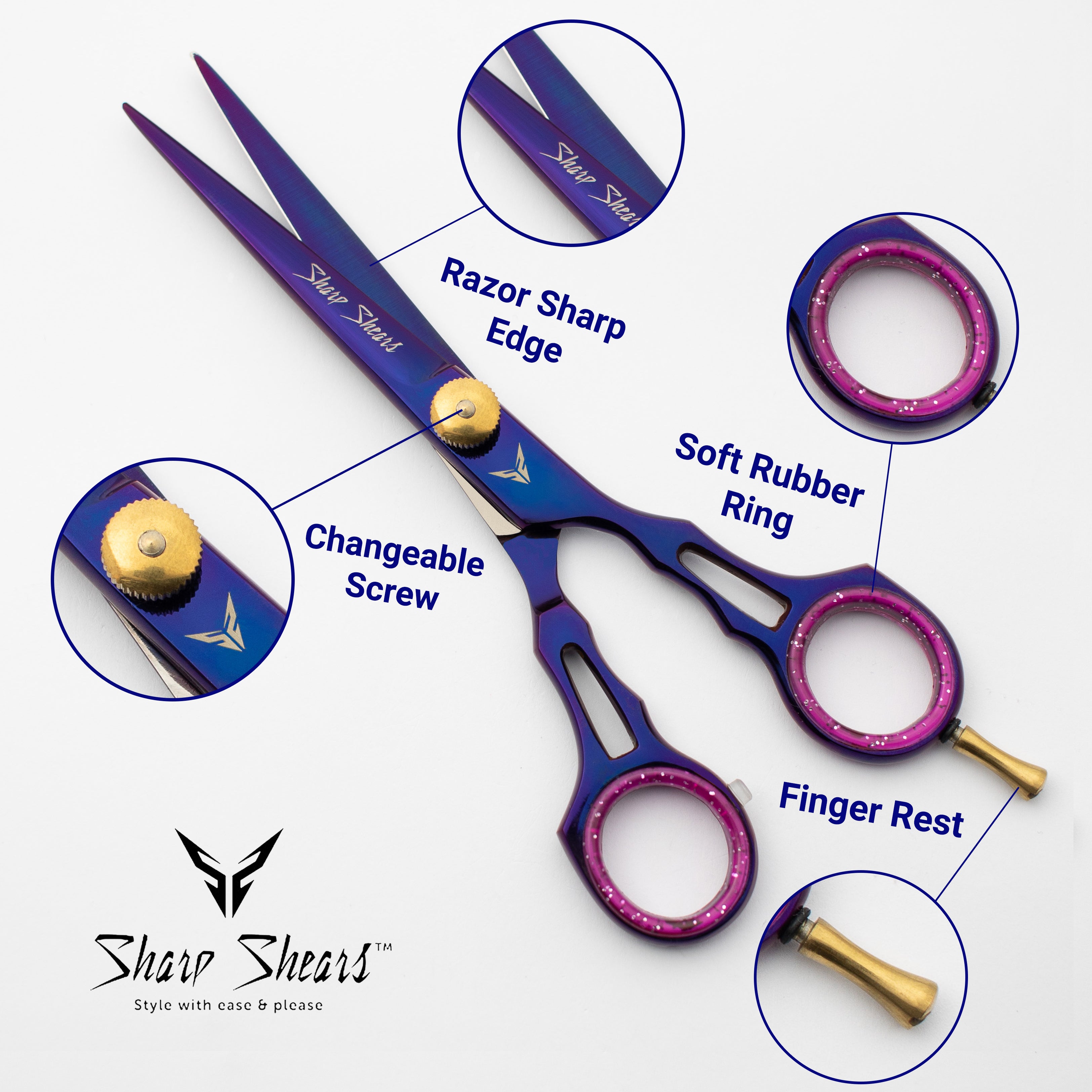 Blue and purple hair shears with labeled features on a white background