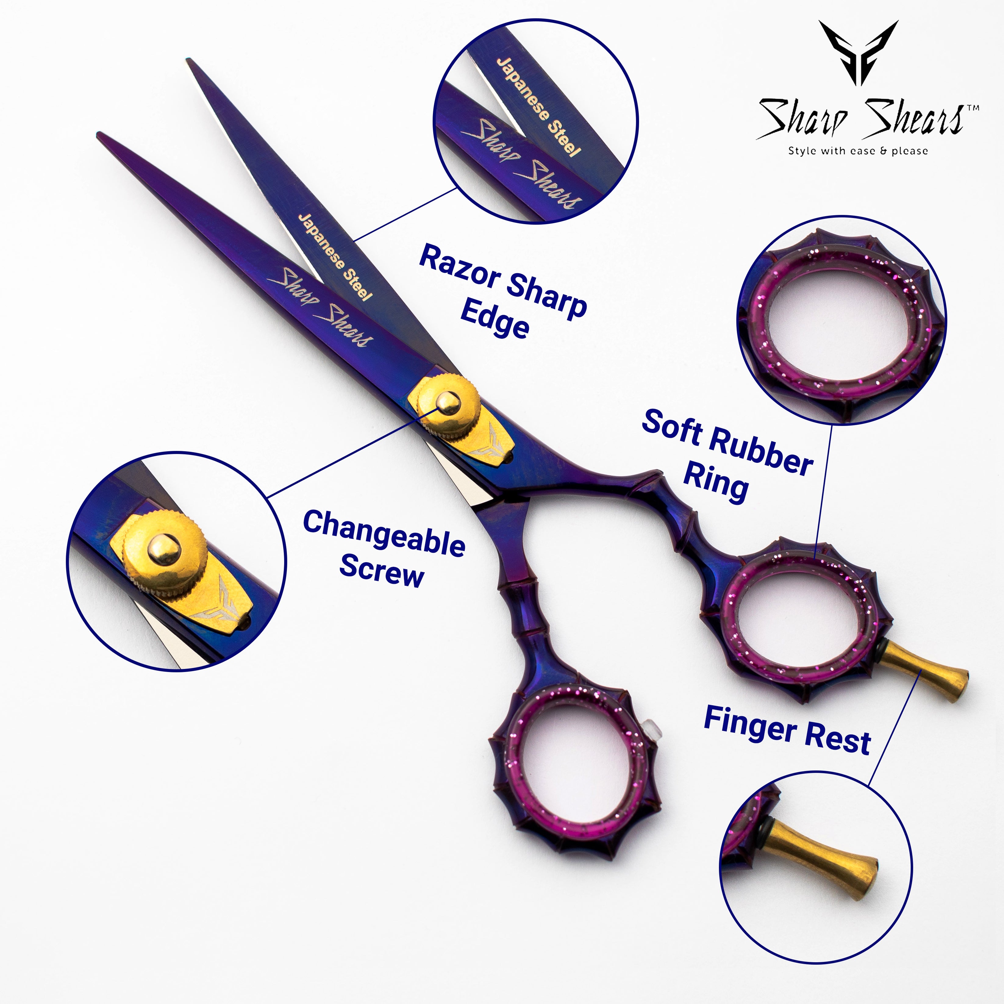 Barber Shears Scissors 6.5" Purple Japanese Steel Professional Hairdressing Tool for Stylists with Storage Pouch
