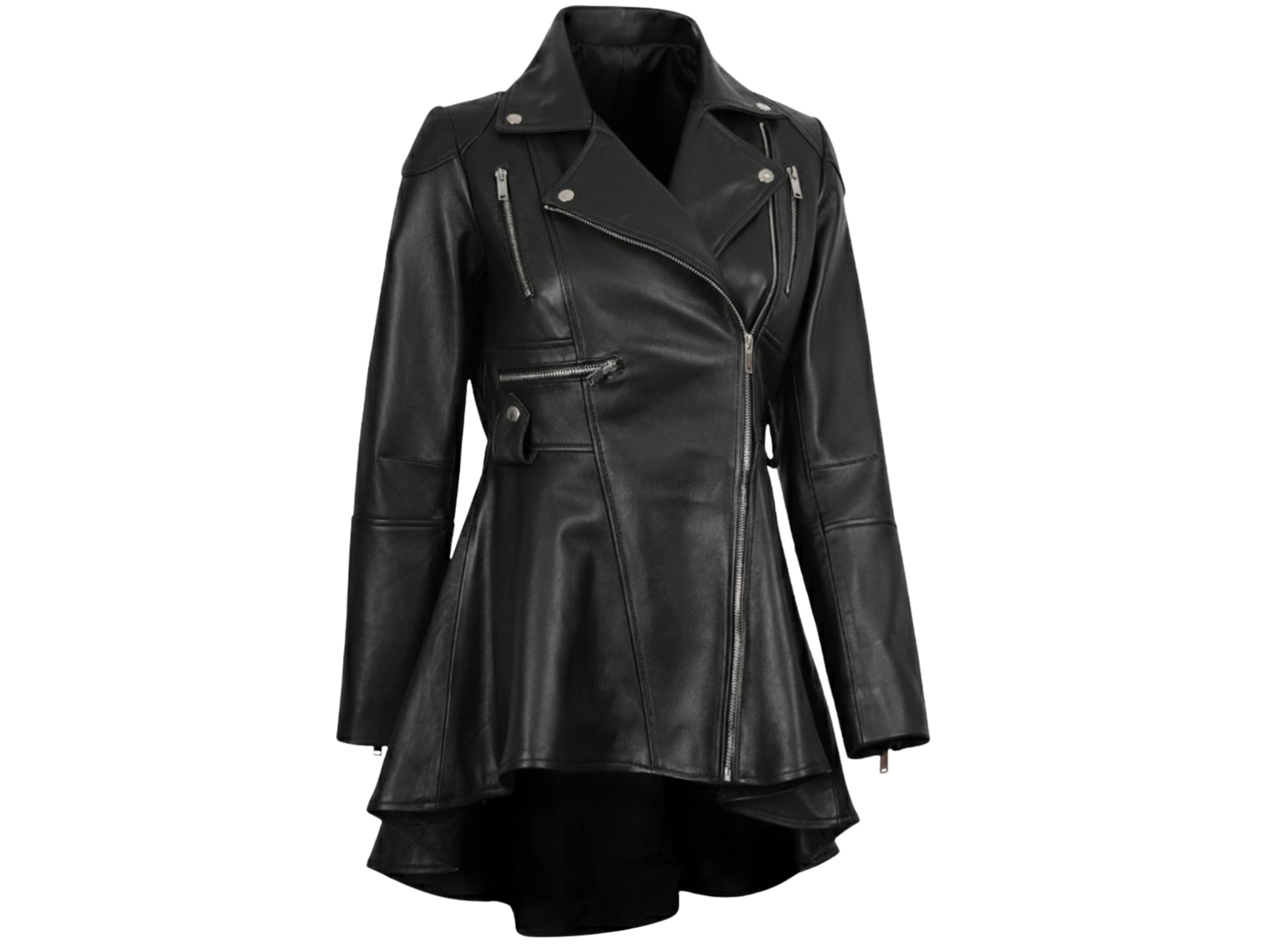Women’s Real Lambskin Leather Peplum Jacket – Black Frock Style, Asymmetrical Zip