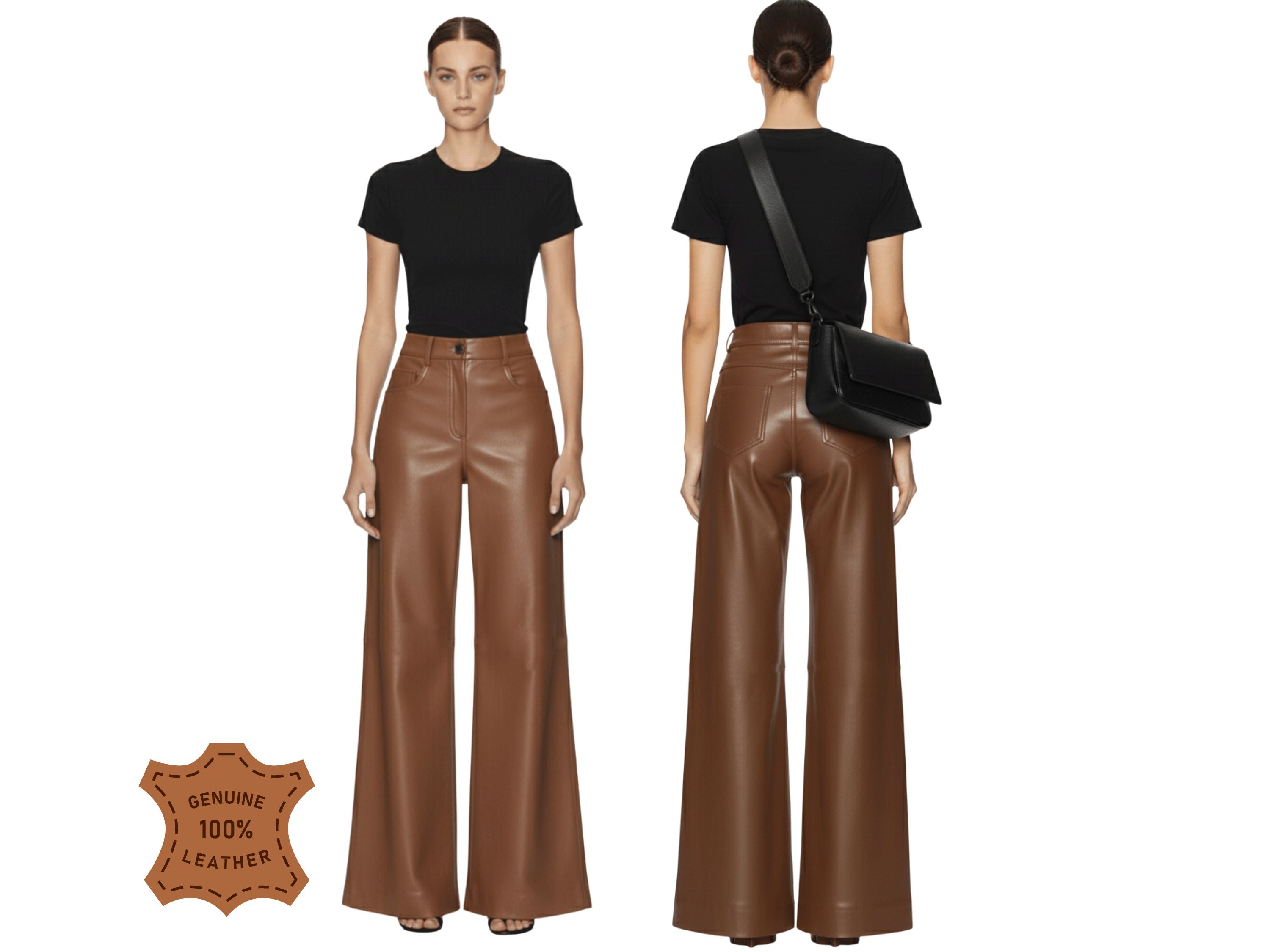 Women Wide Leg Real Leather Pant in Brown – Luxury Cowhide Leather Trousers
