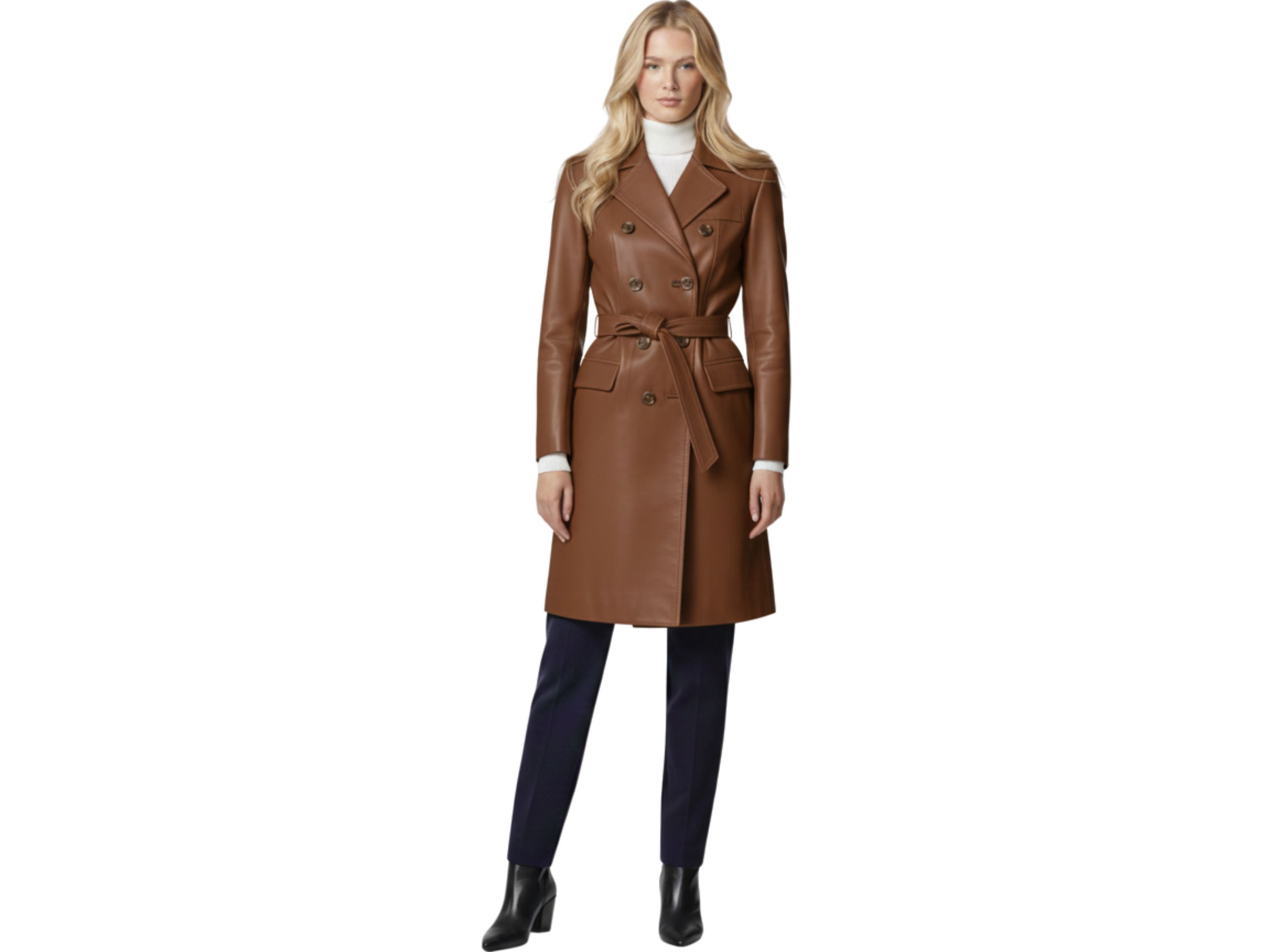 Brown Leather Trench Coat – Women’s Luxury Office Wear