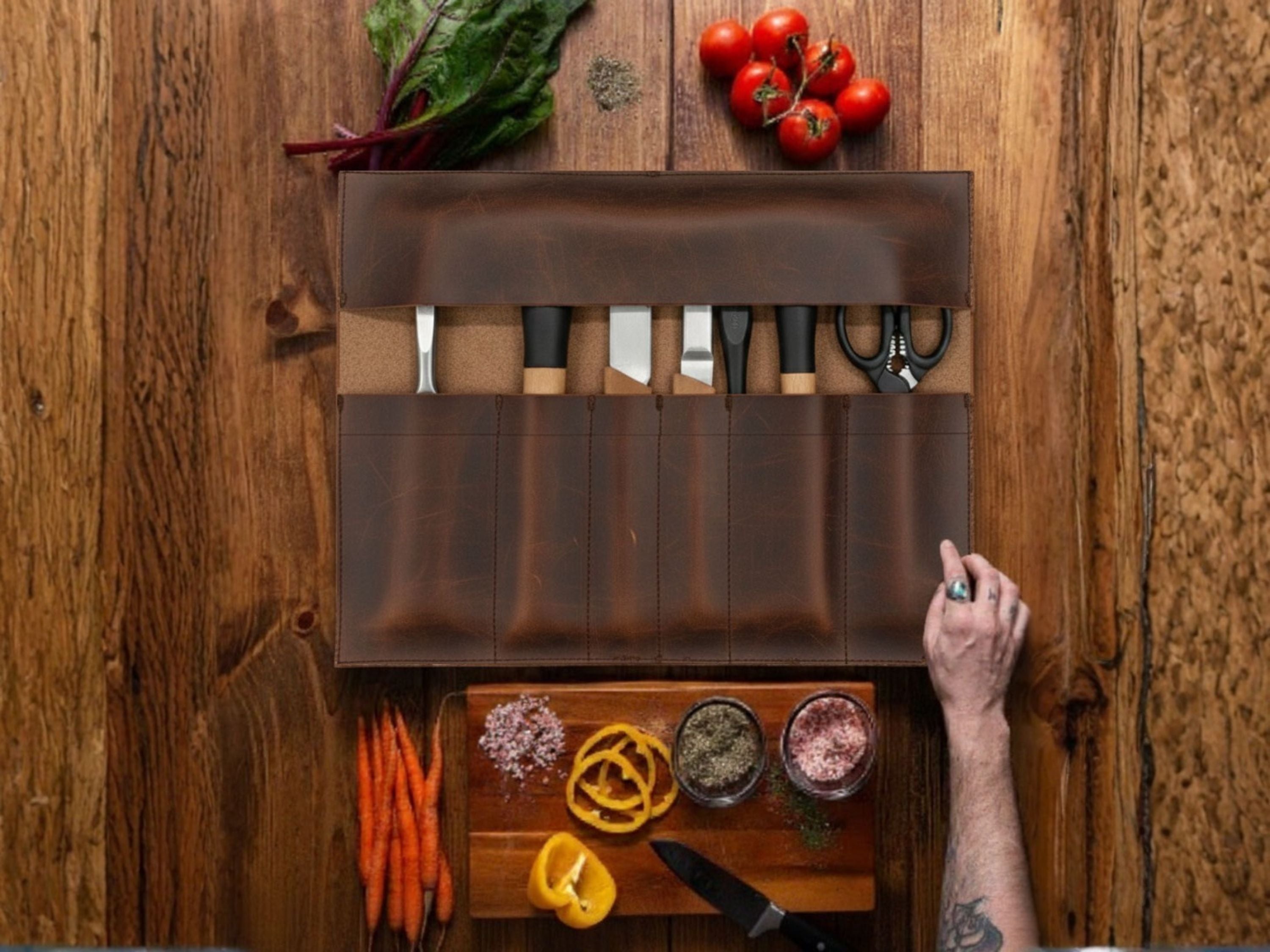 Crazy Horse Brown Leather Knife Roll – Premium 6 Slot Chef Knife Bag