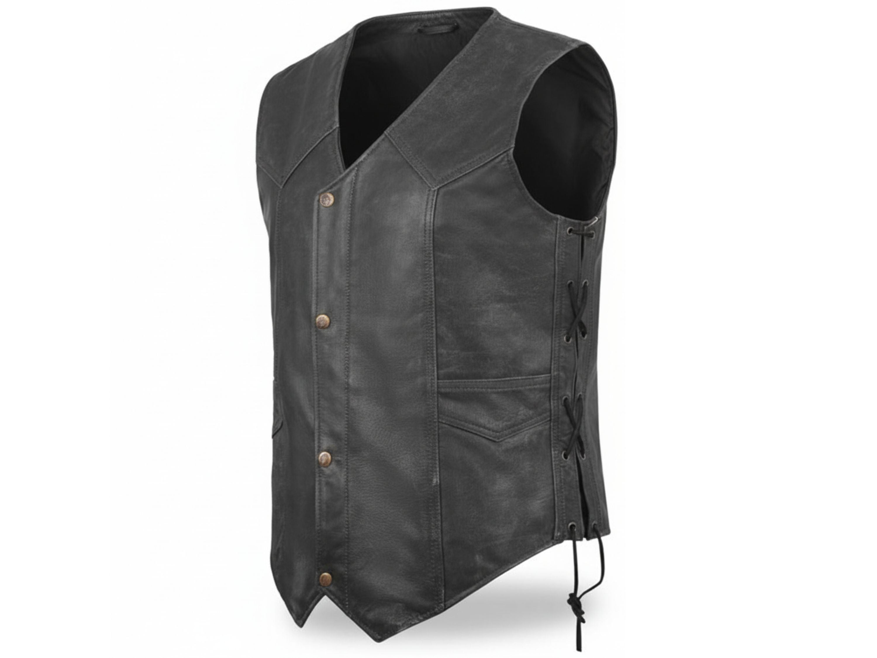 Black Distressed Leather vest with stud buttons and hidden zip outlaw biker vest
