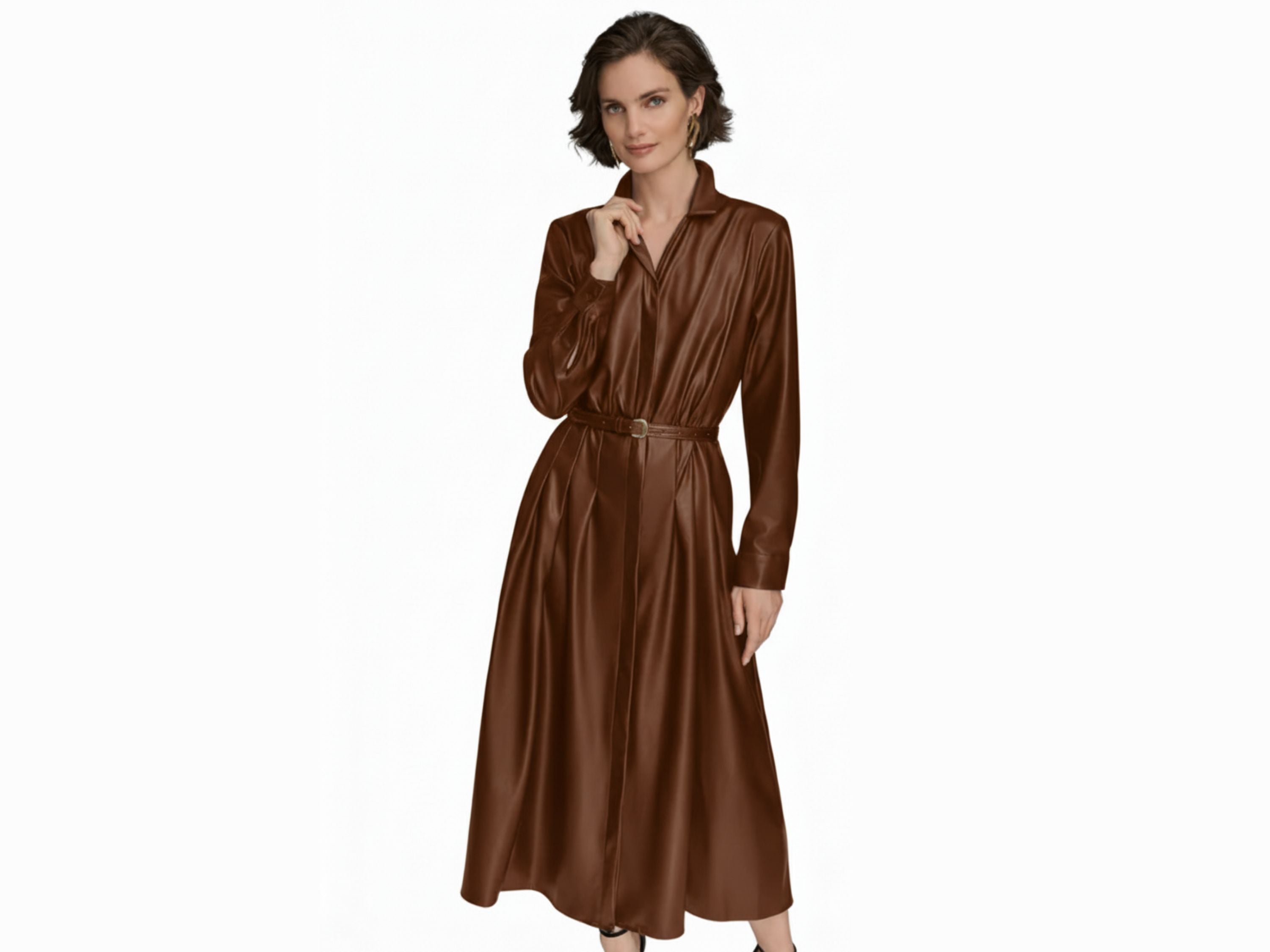 Leather Midi Shirt Dress – Black & Brown | Unique Women Style | Fall Style Gifts | Luxury Leather Anniversary Gifts for Her