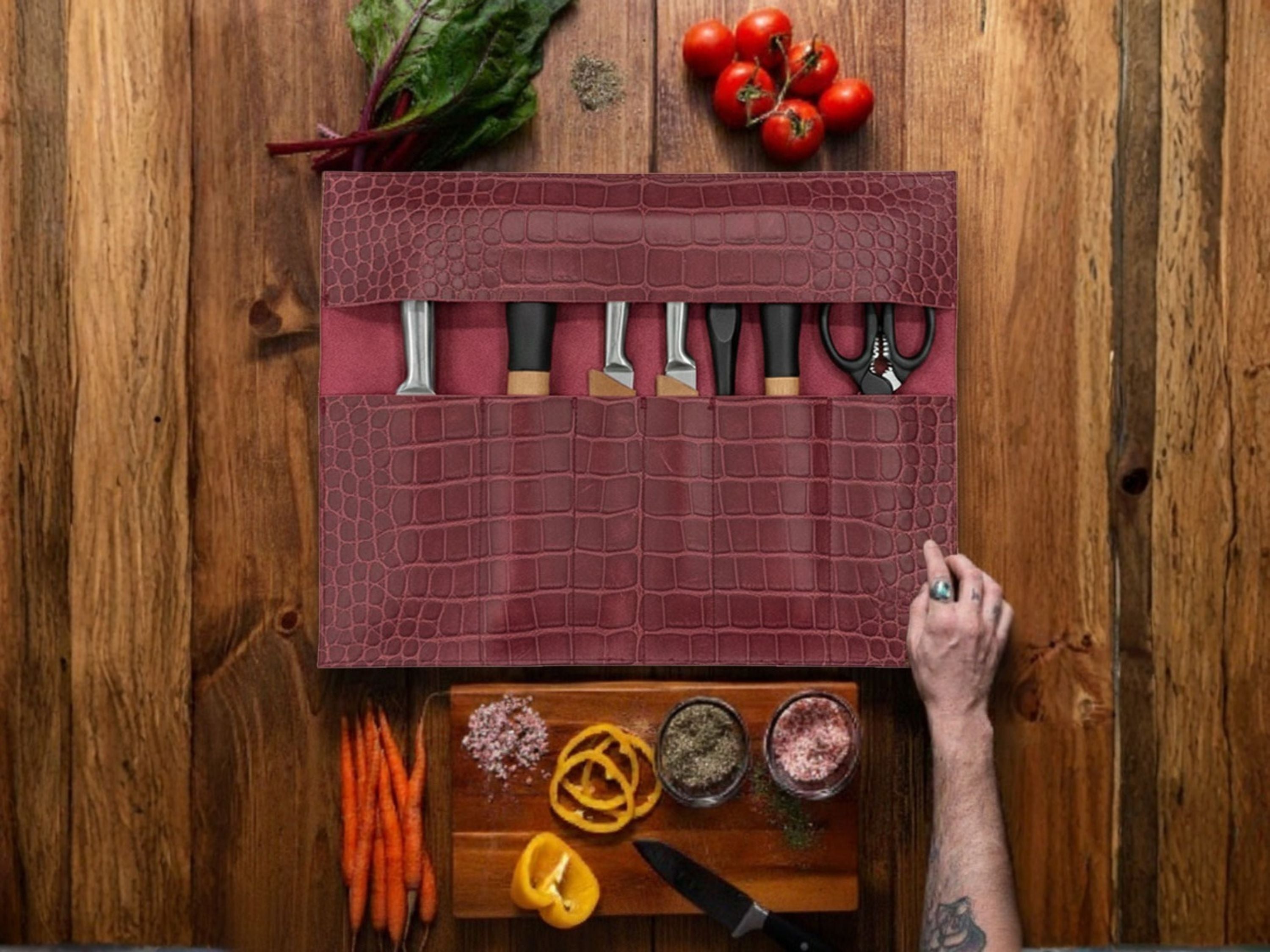 Burgundy Crocodile-Embossed Cowhide Leather Knife Roll – 6 Slot Chef Knife Bag