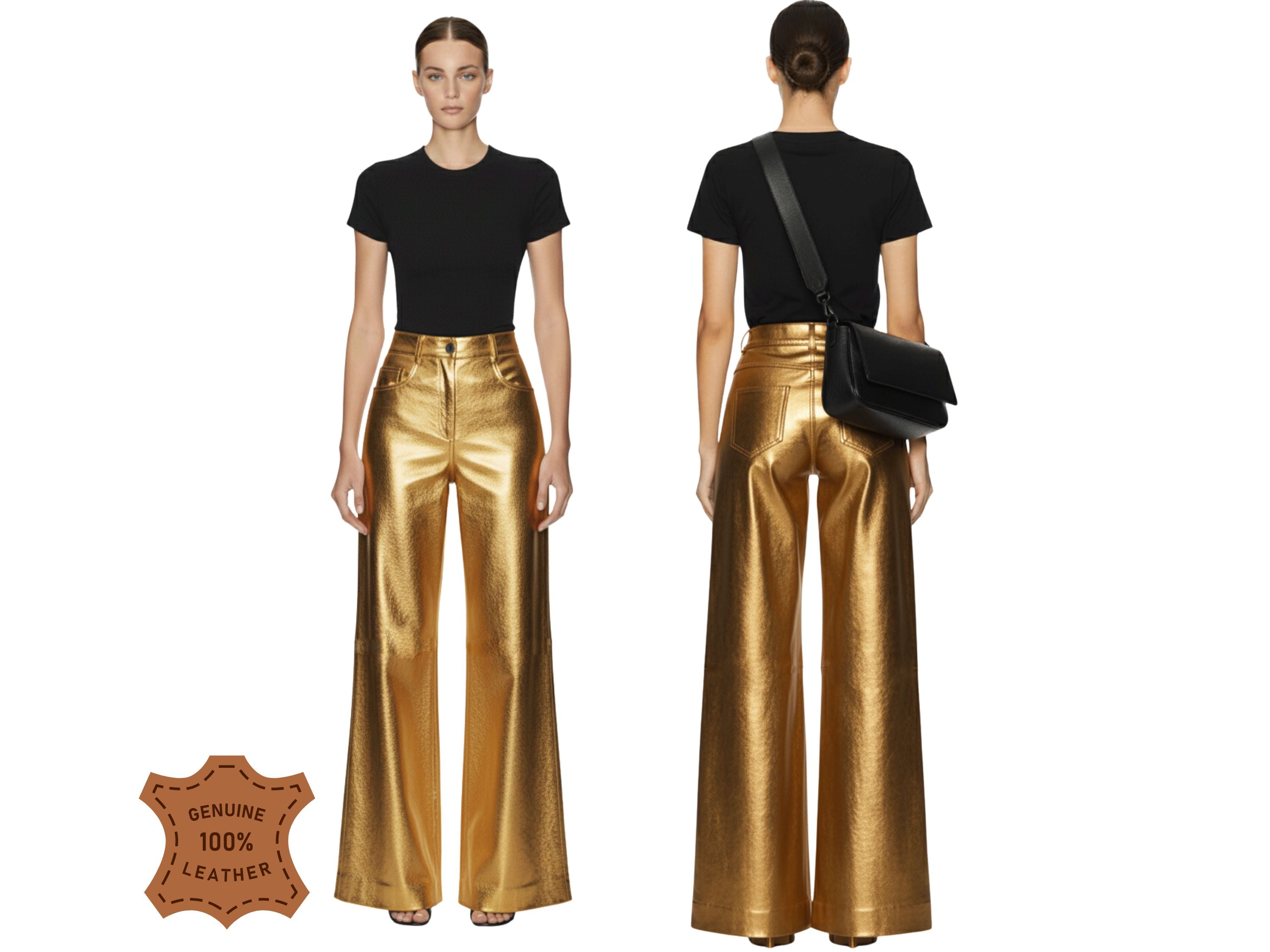 Women Wide Leg Real Leather Pant in Metallic Gold – Luxury Statement Outfit