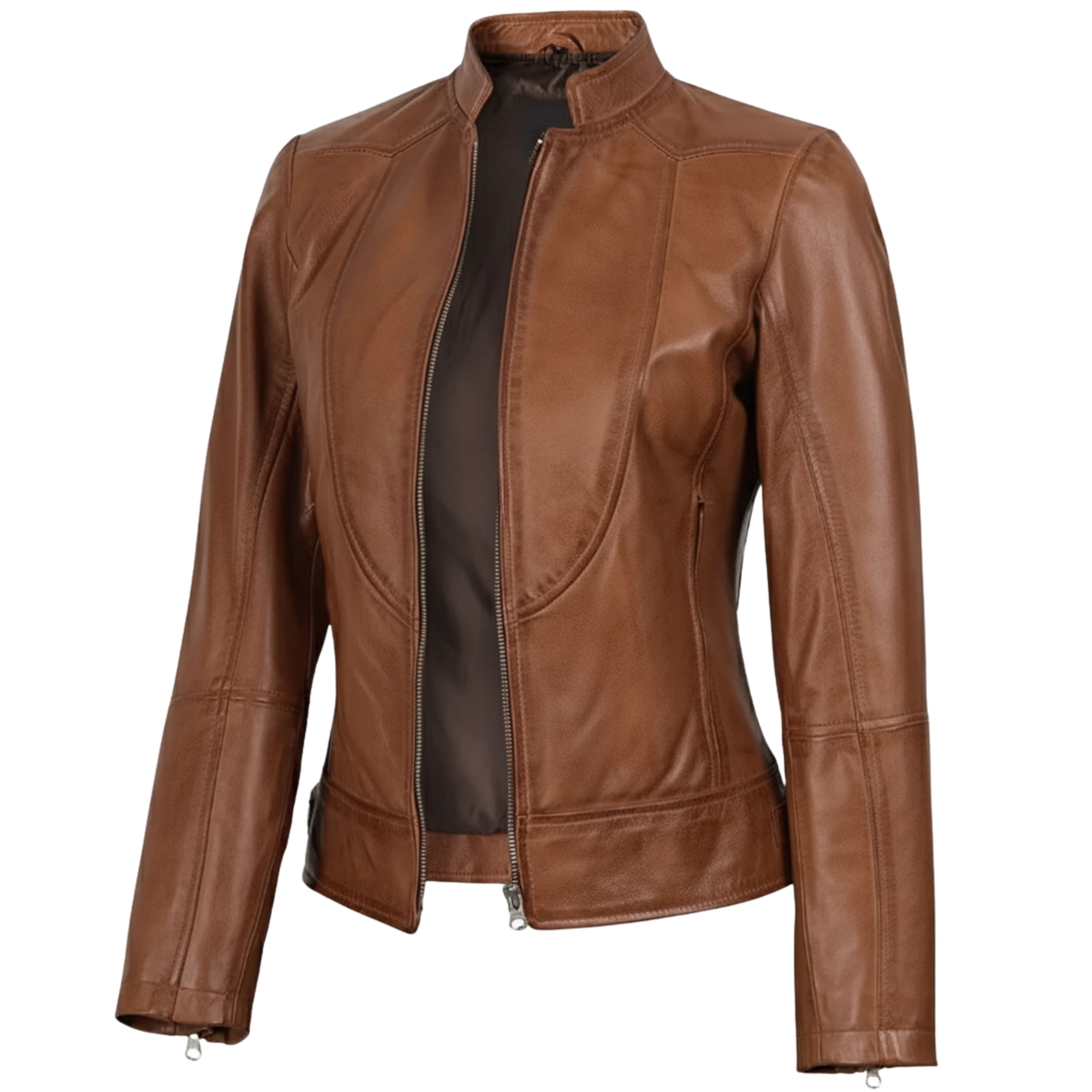Women’s Tan Waxed Slim Fit Biker Style Leather Jacket