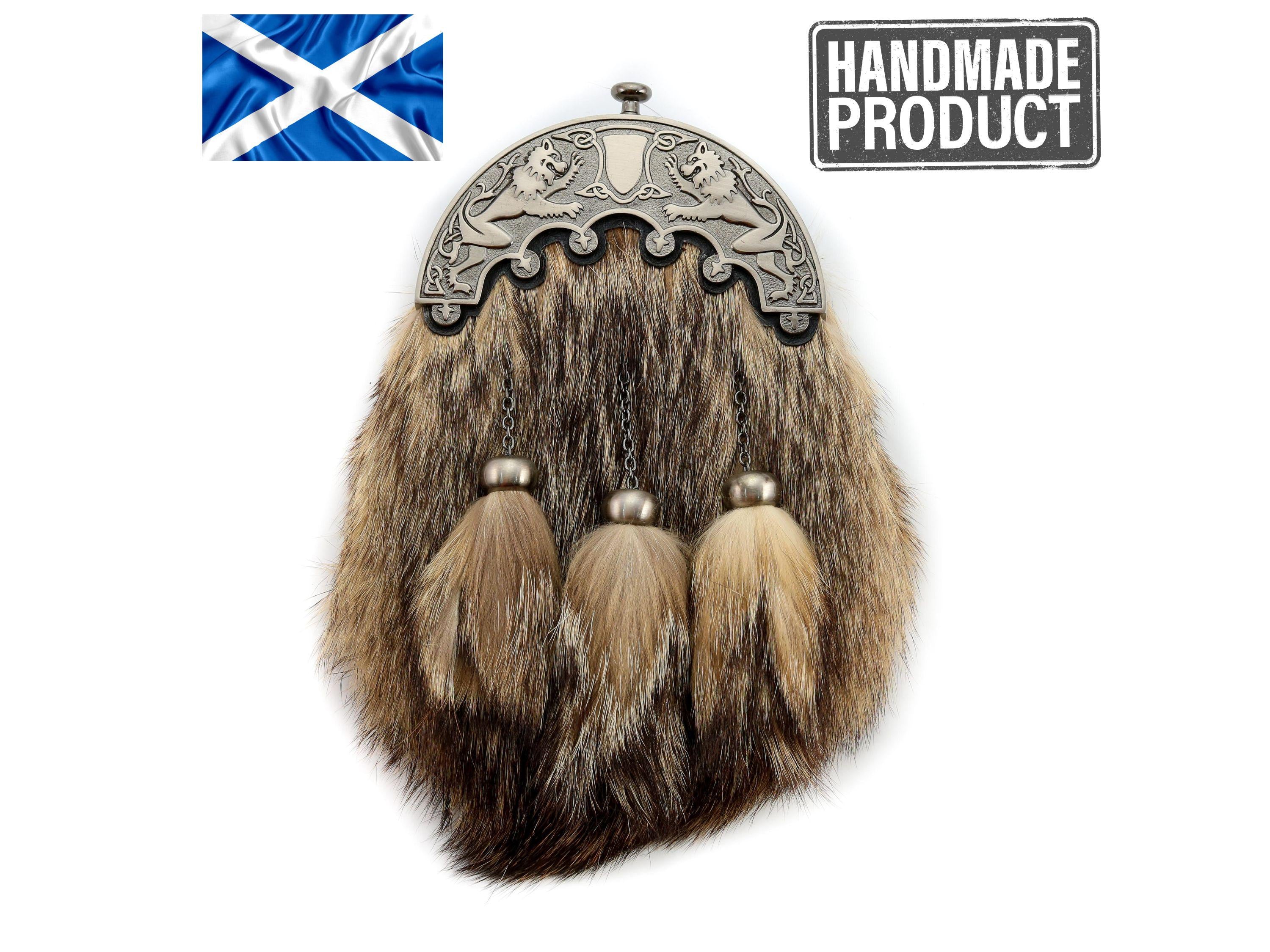 Antique Lion Rampant Coyote Fur Sporran: Scottish Kilt Accessory