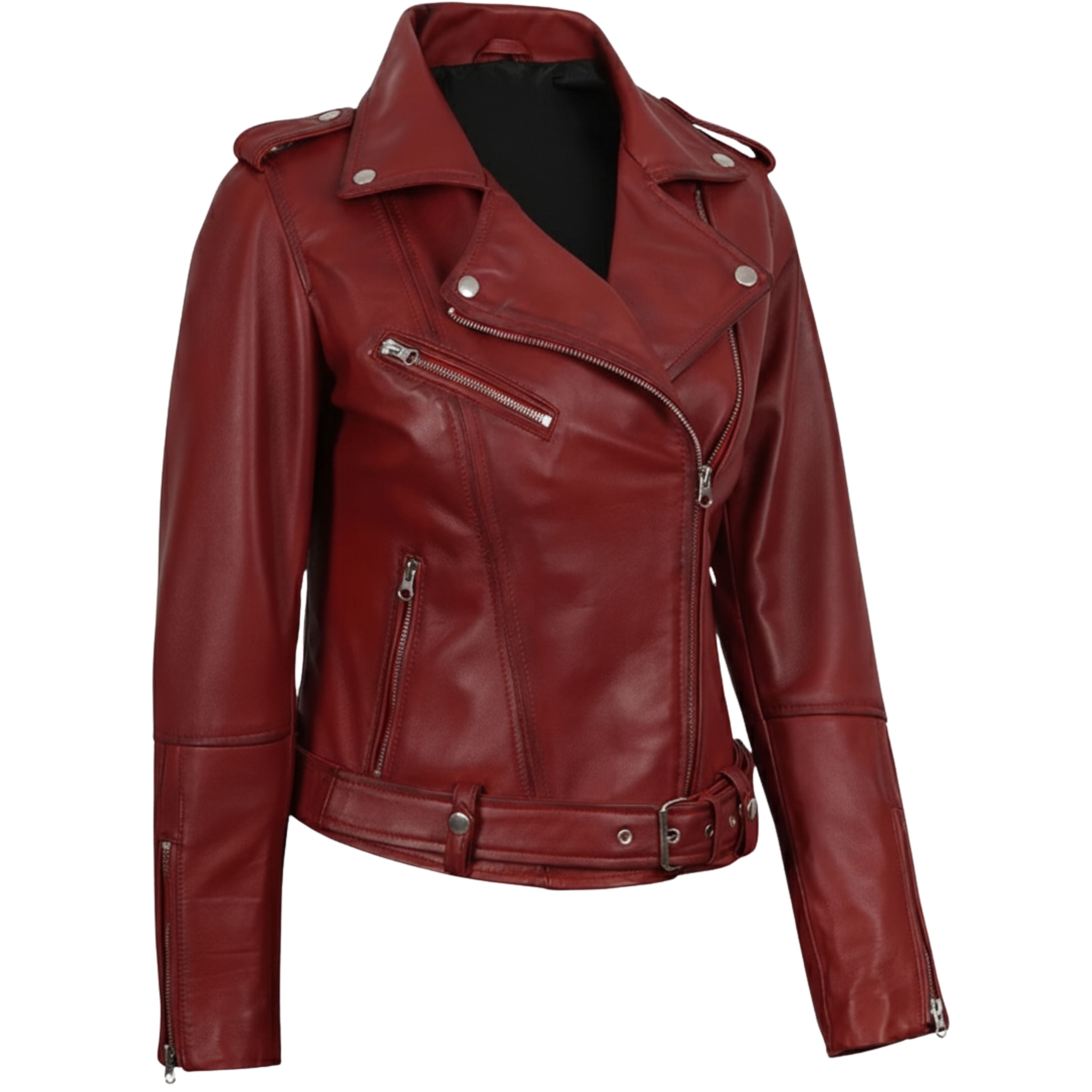 Women’s Real Lambskin Leather Biker Jacket – Asymmetrical Belted Moto Style in Red