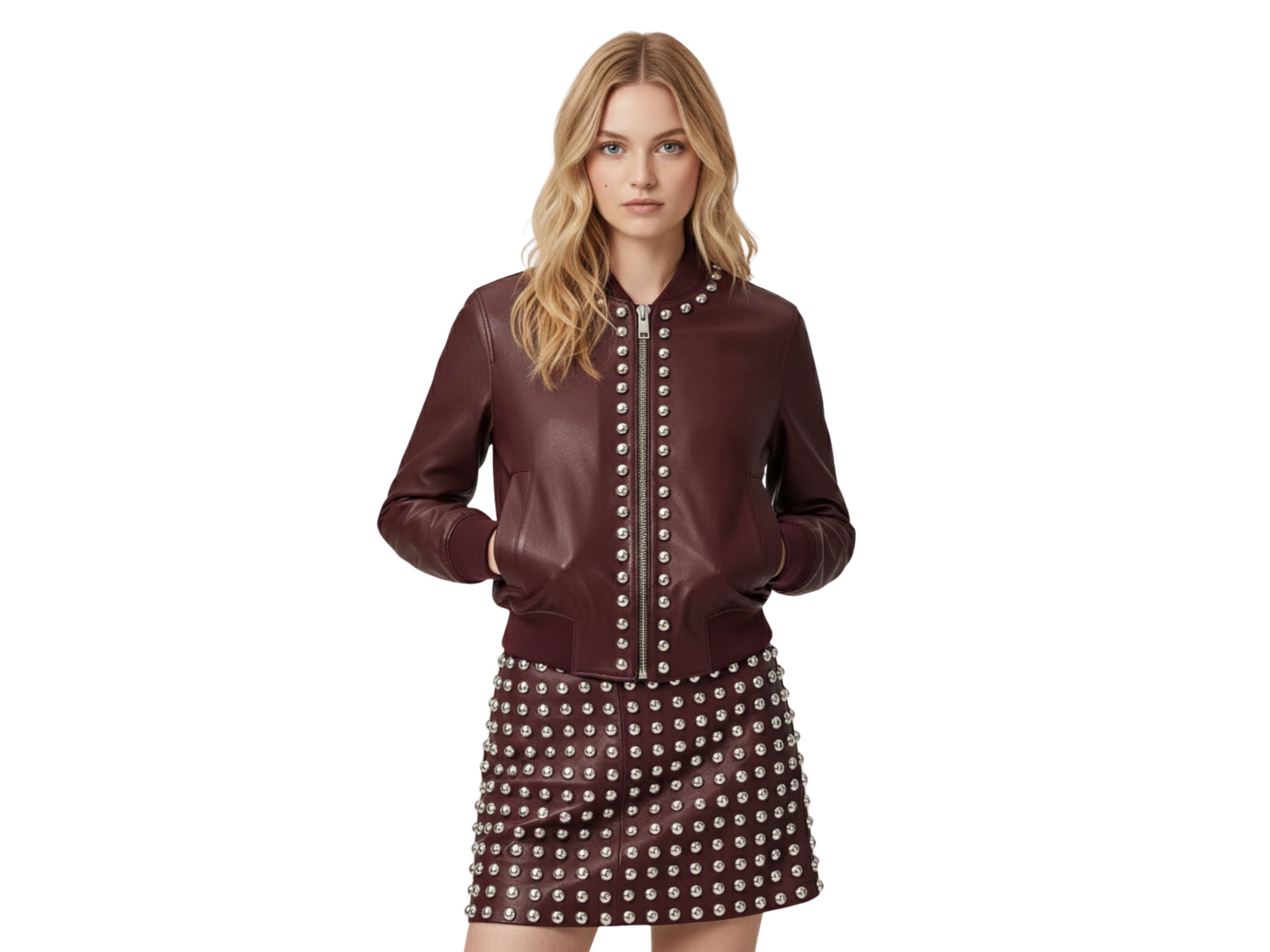 Leather Bomber Jacket for Women – Silver Studded Red, Black & Burgundy Jackets | Luxury Winter Outfit & Boss Lady Gift by Eighty Seven Groups