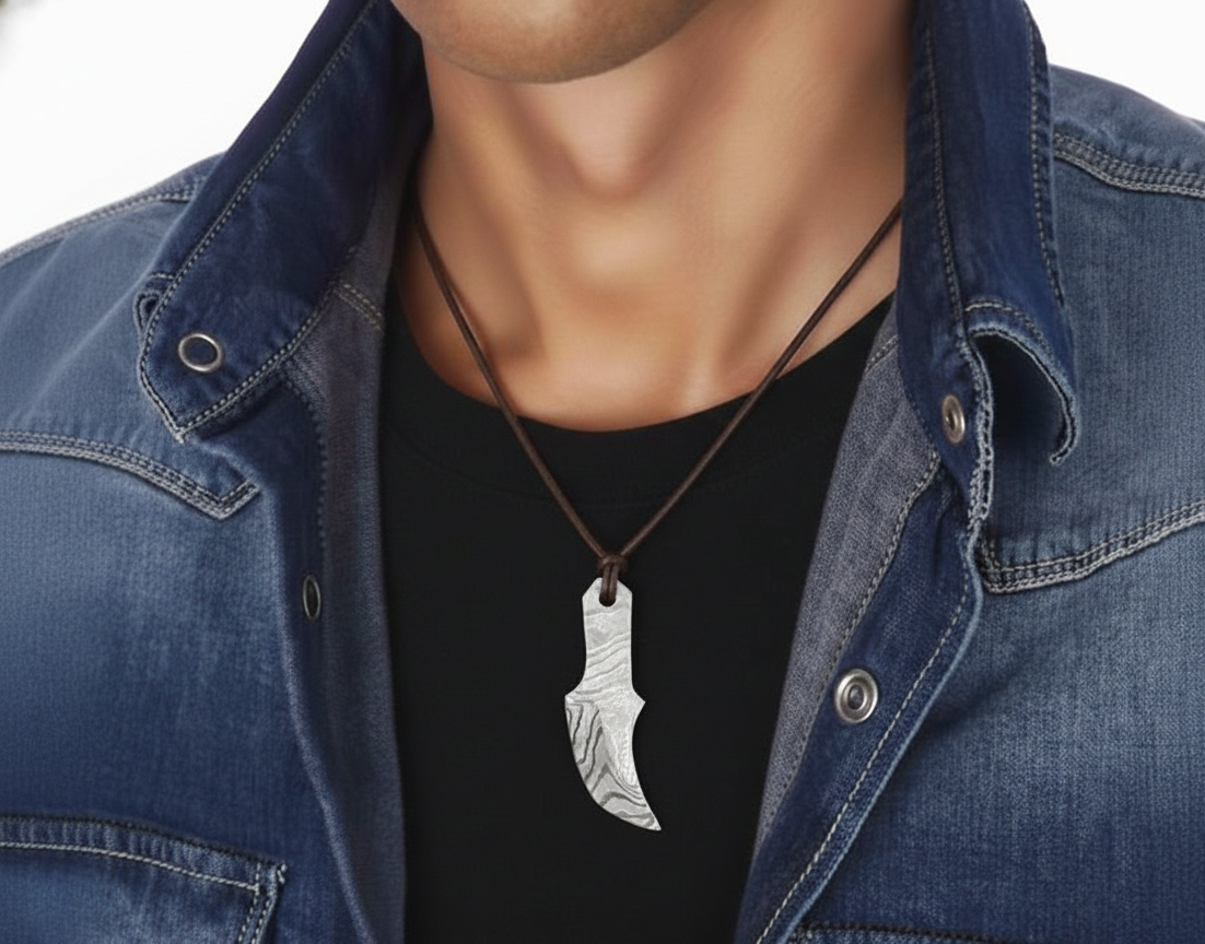 Damascus Steel Miniature Knife Pendant – Handmade Necklace with Keepsake Gift Box rust free