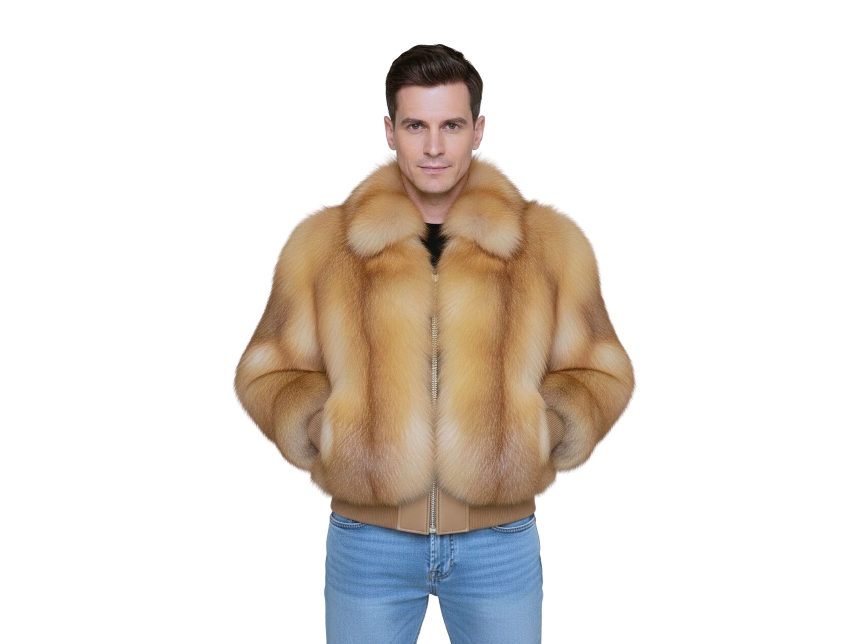Bespoke Red Fox Fur Men’s Bomber Jacket – One-of-a-Kind Handmade Luxury Genuine Fur Designer Coat