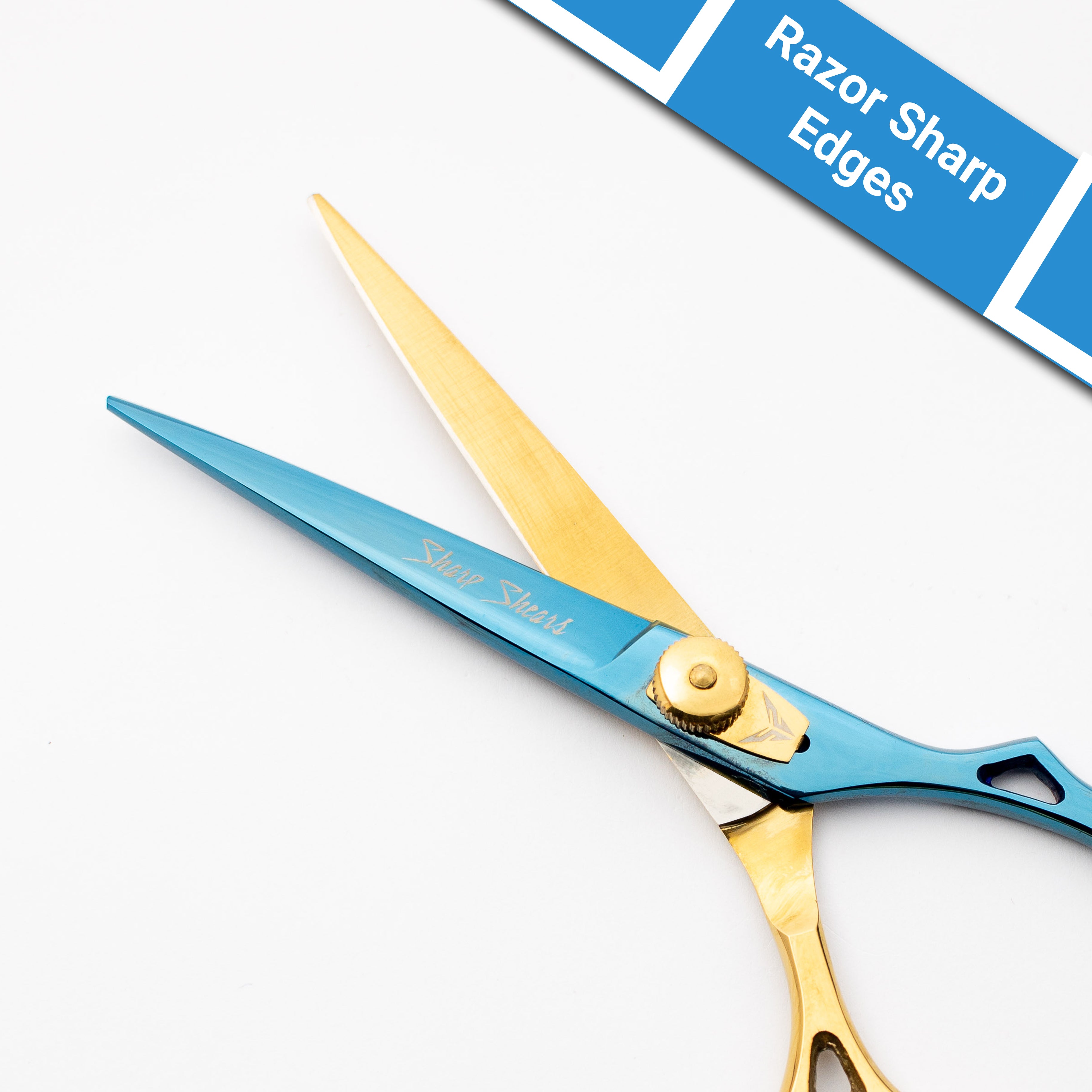 Blue and gold scissors with 'Razor Sharp Edges' text on a white background