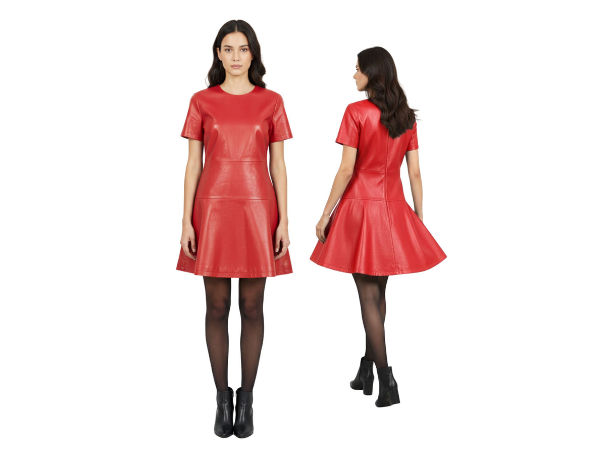 Leather Skater Dress for Women – Black, Red & Burgundy Genuine Leather Dress | Handmade Luxury Gift for Her