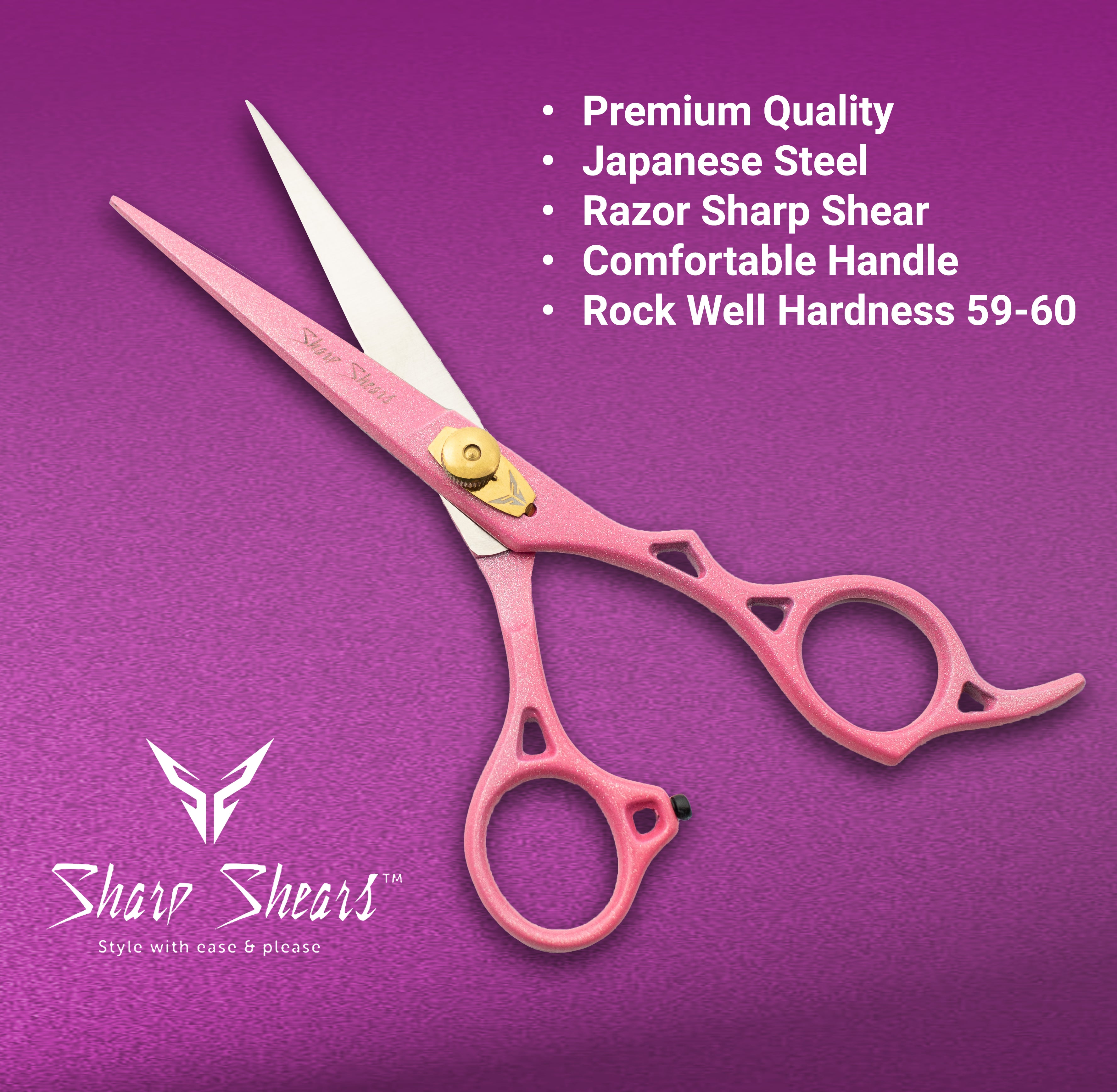 Pink shears with text on a purple background, featuring the brand 'Sharp Shears'.