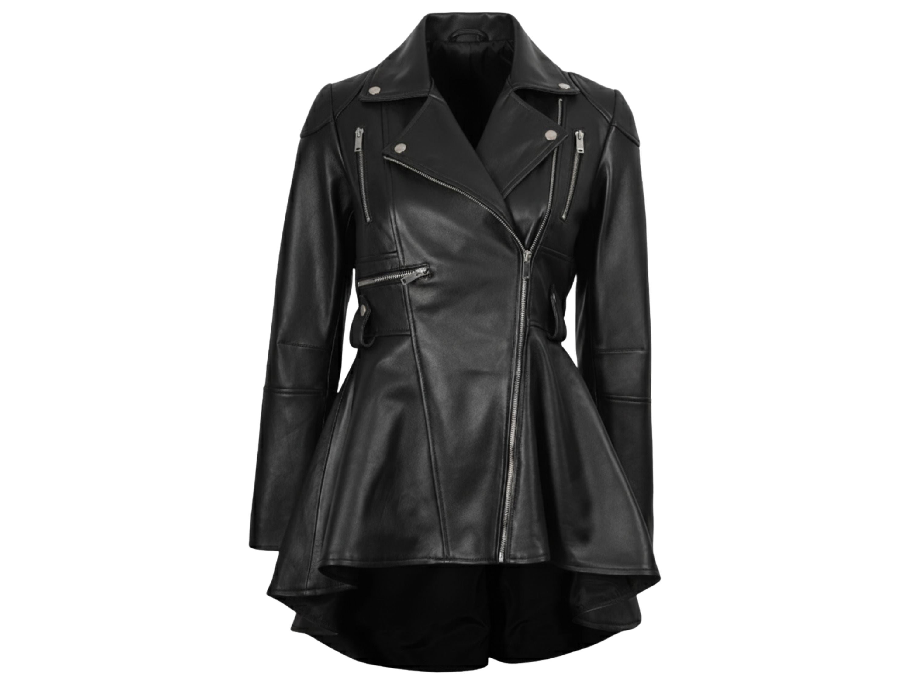 Women’s Real Lambskin Leather Peplum Jacket – Black Frock Style, Asymmetrical Zip
