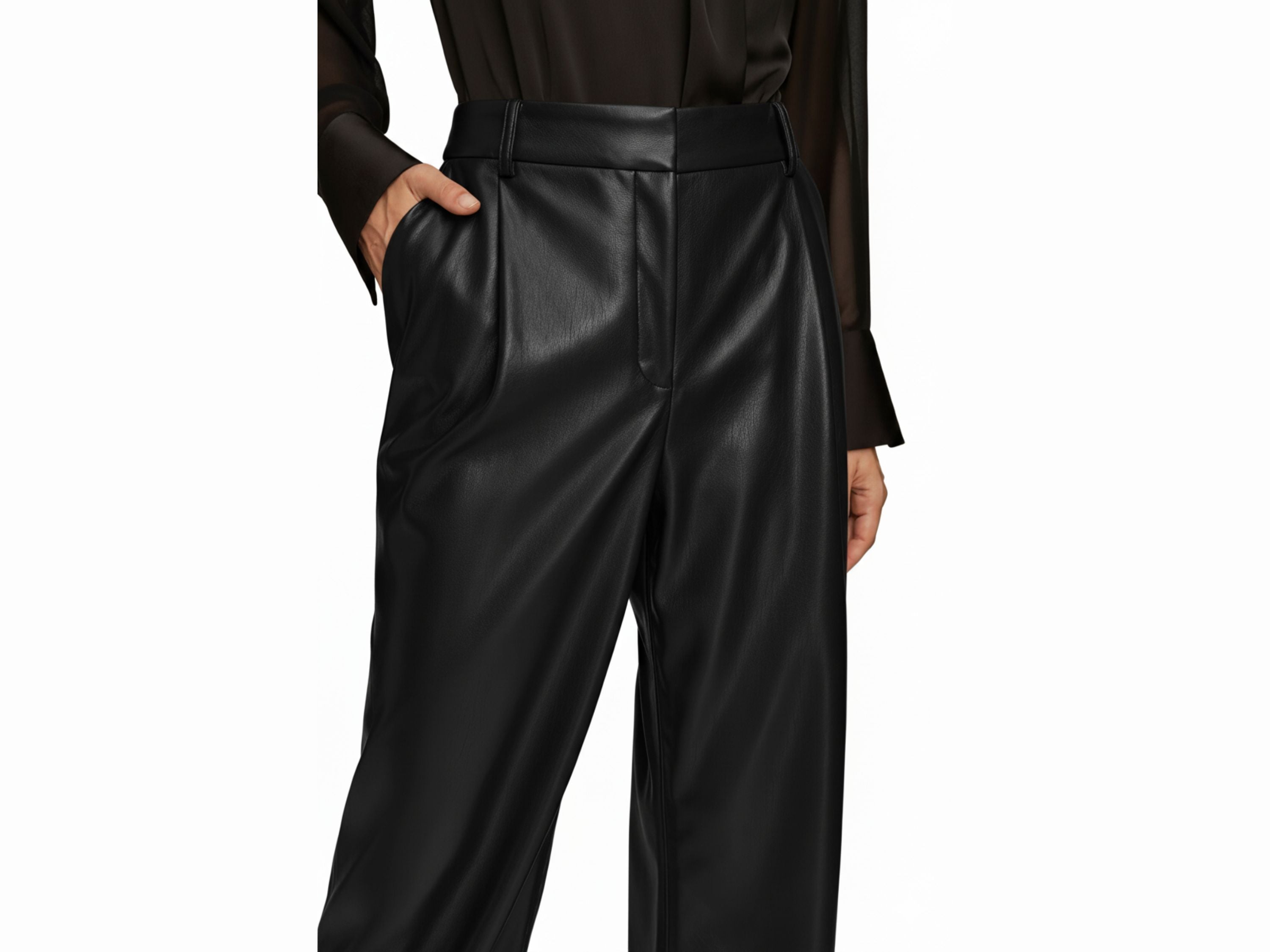 Black leather pants worn by a person on a white background