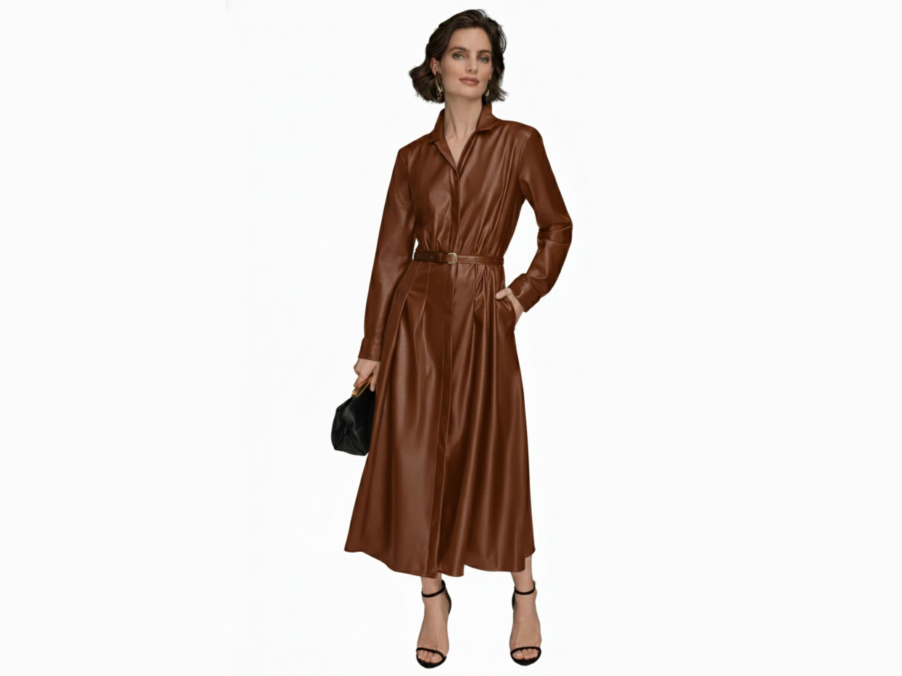 Leather Midi Shirt Dress – Black & Brown | Unique Women Style | Fall Style Gifts | Luxury Leather Anniversary Gifts for Her