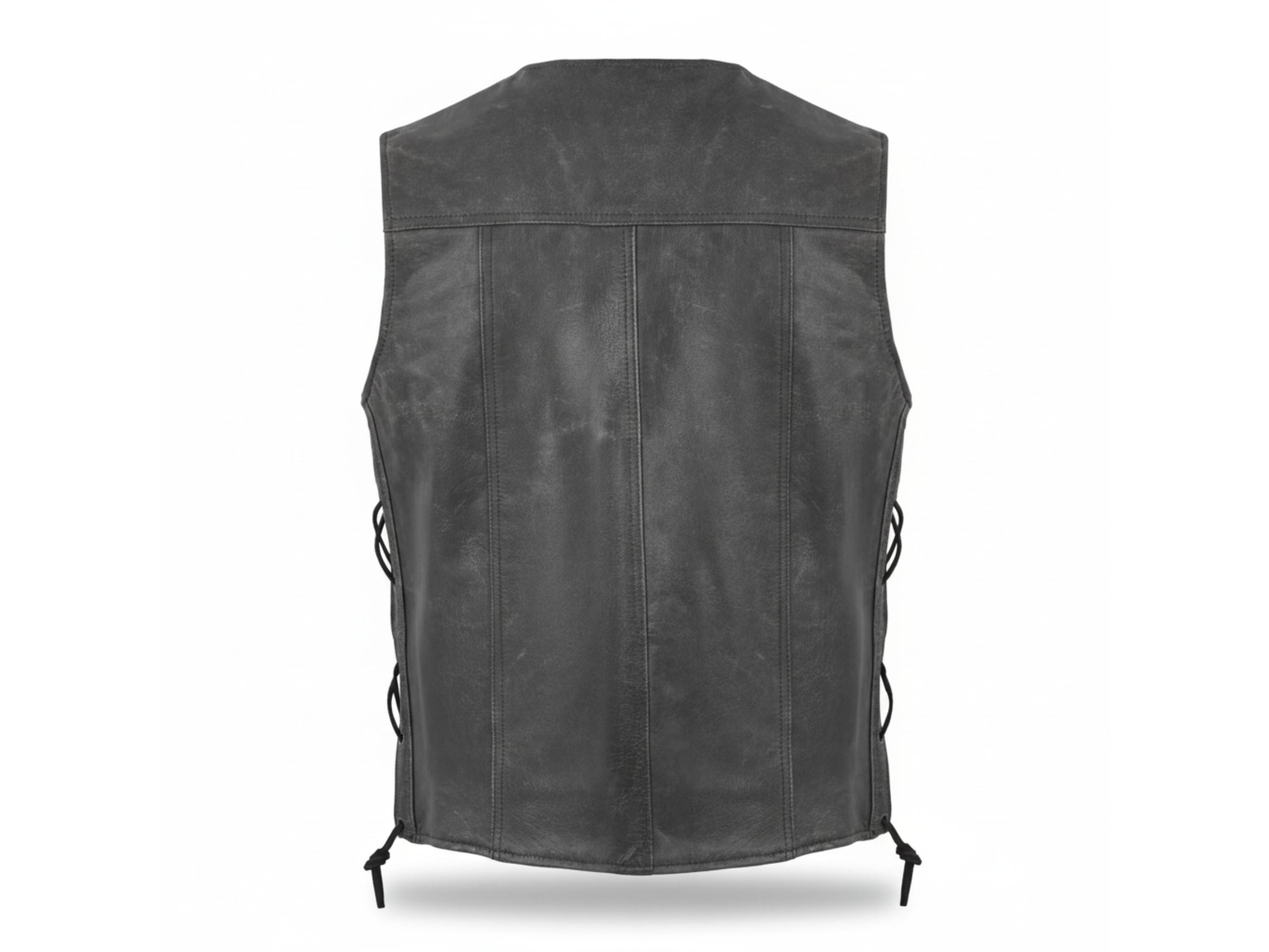 Black Distressed Leather vest with stud buttons and hidden zip outlaw biker vest