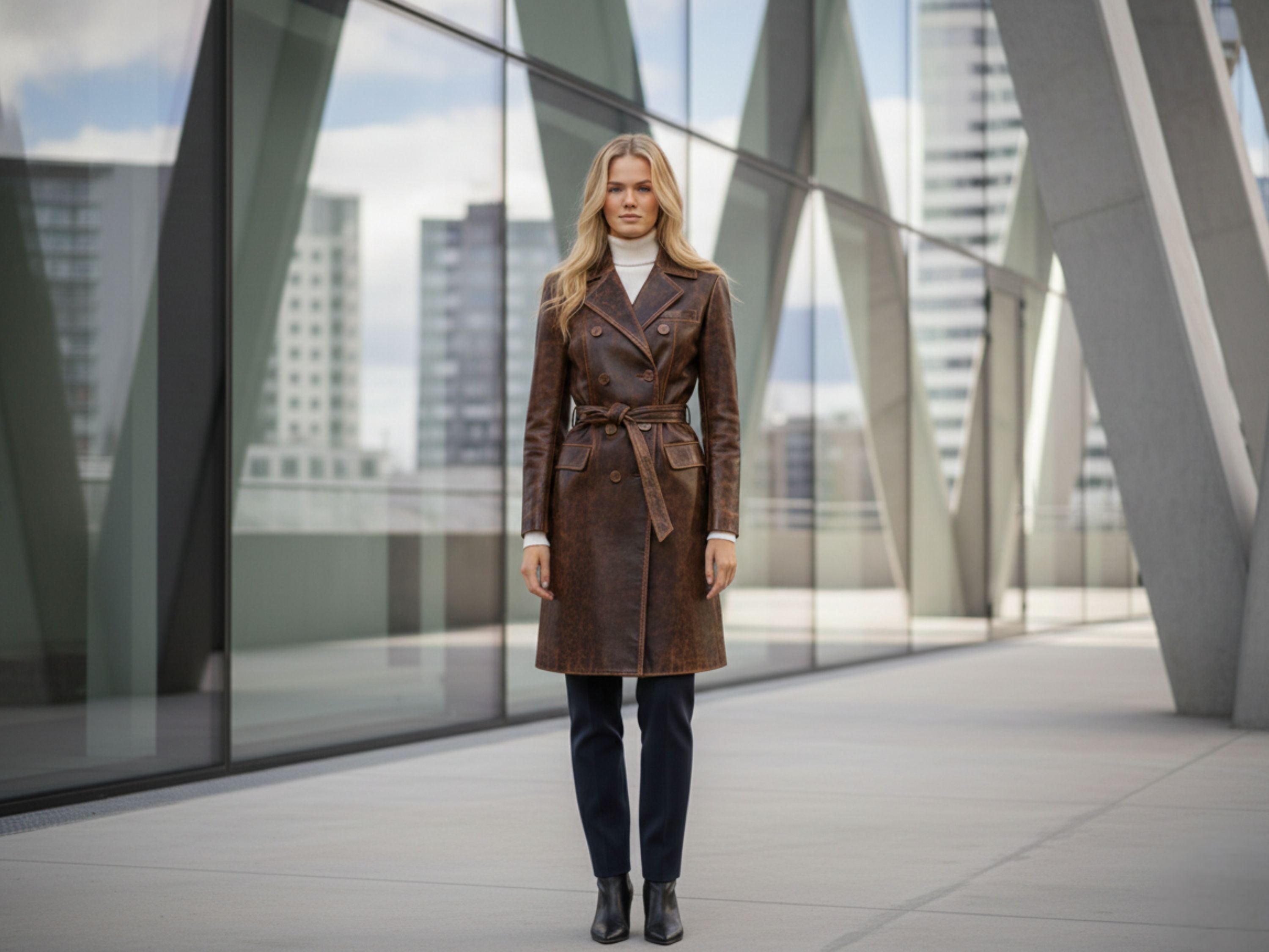 Women’s Crazy Horse Leather Trench Coat – Premium Cowhide Brown Luxury Winter & Office Wear