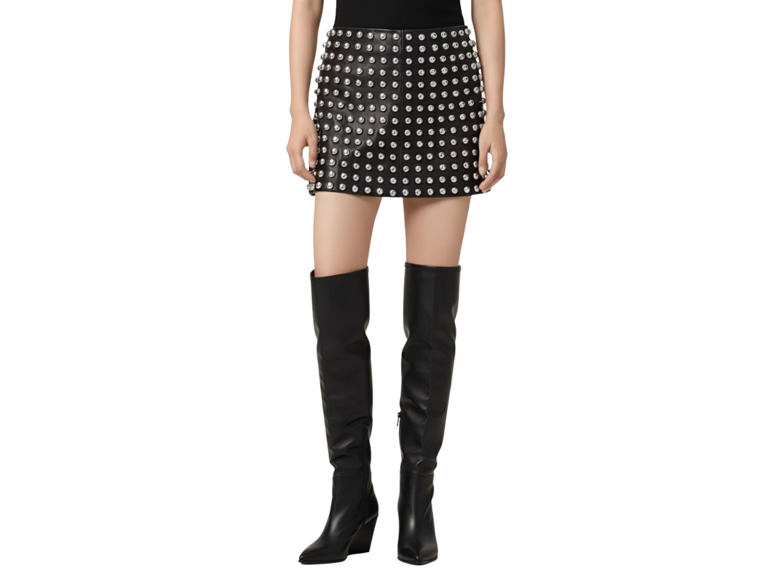 Leather Skirt Silver Studded Style | Black, Red & Burgundy Lambskin Mini Skirt | Women’s Luxury Fall Fashion & Christmas Gift by Eighty Seven Groups
