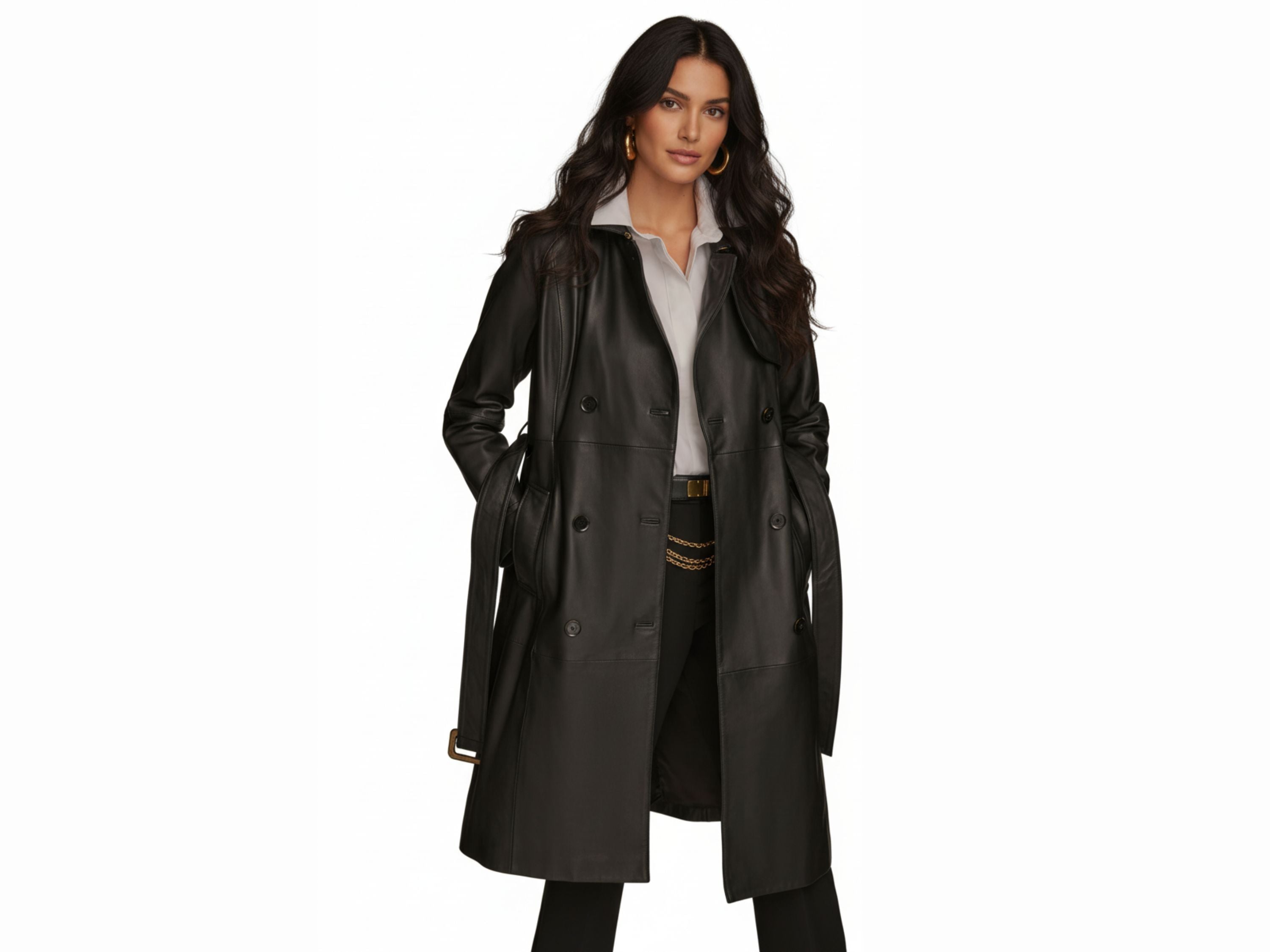 Long Leather Coat – Black Women’s Luxury Outerwear, Genuine Leather Trench, Fall Fashion Gift for Her business owner gifts