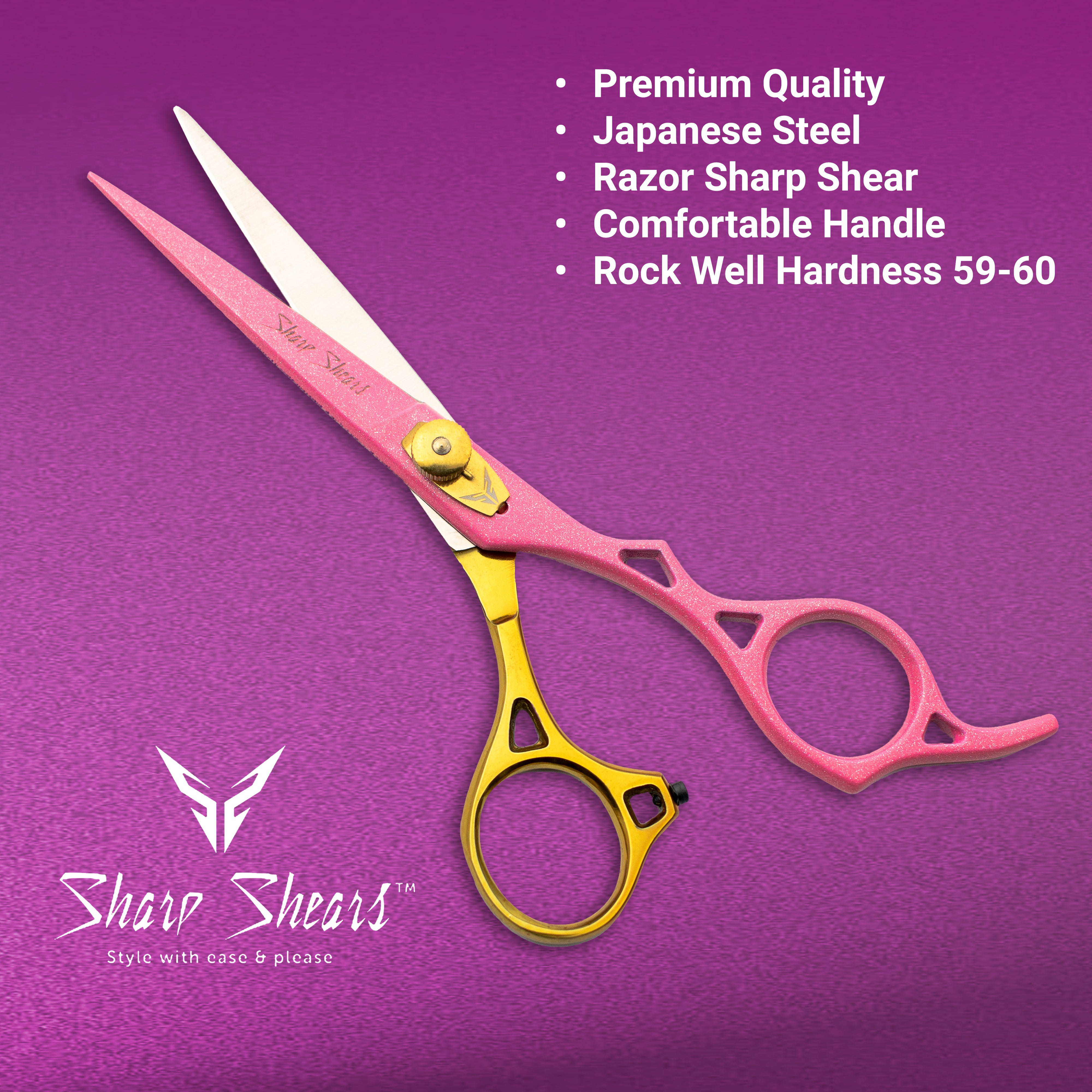 Pink and gold shears on a purple background with Sharp Shears branding.