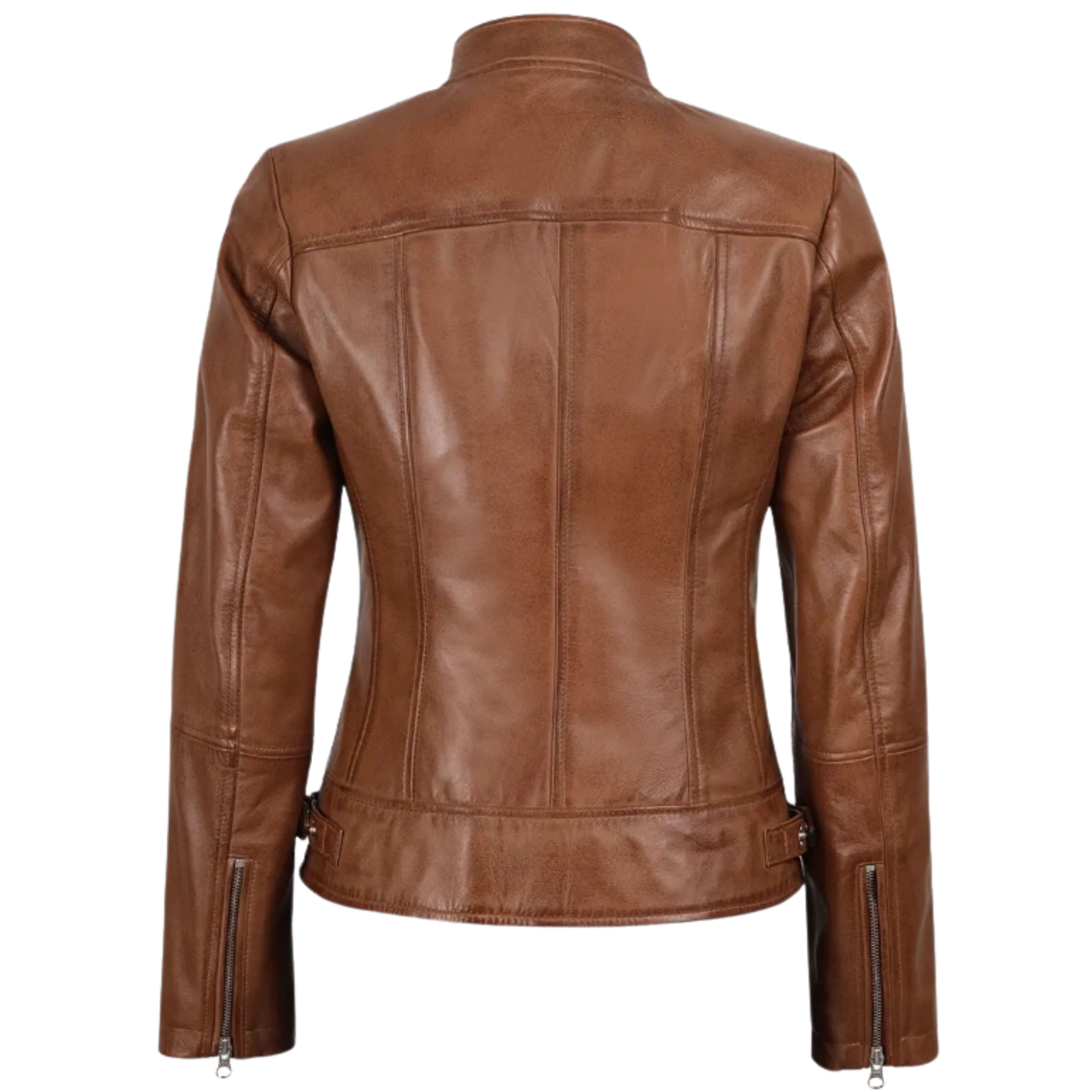 Women’s Tan Waxed Slim Fit Biker Style Leather Jacket