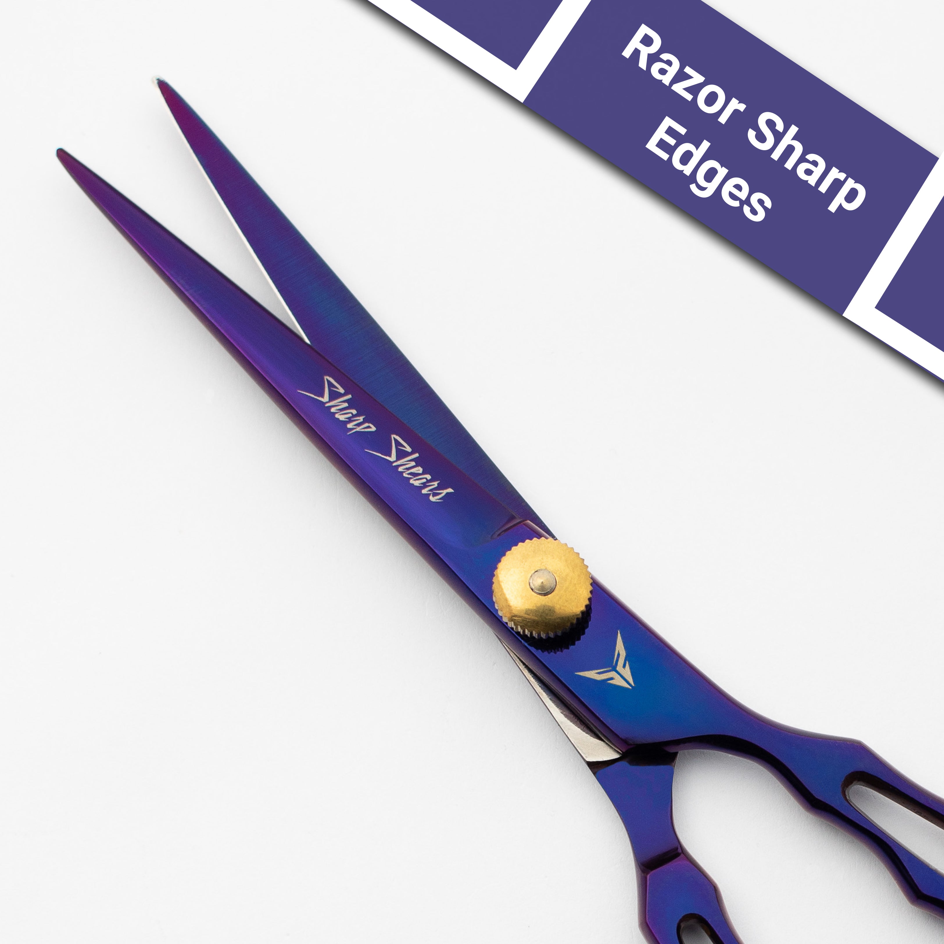 Blue scissors with gold accents on a white background