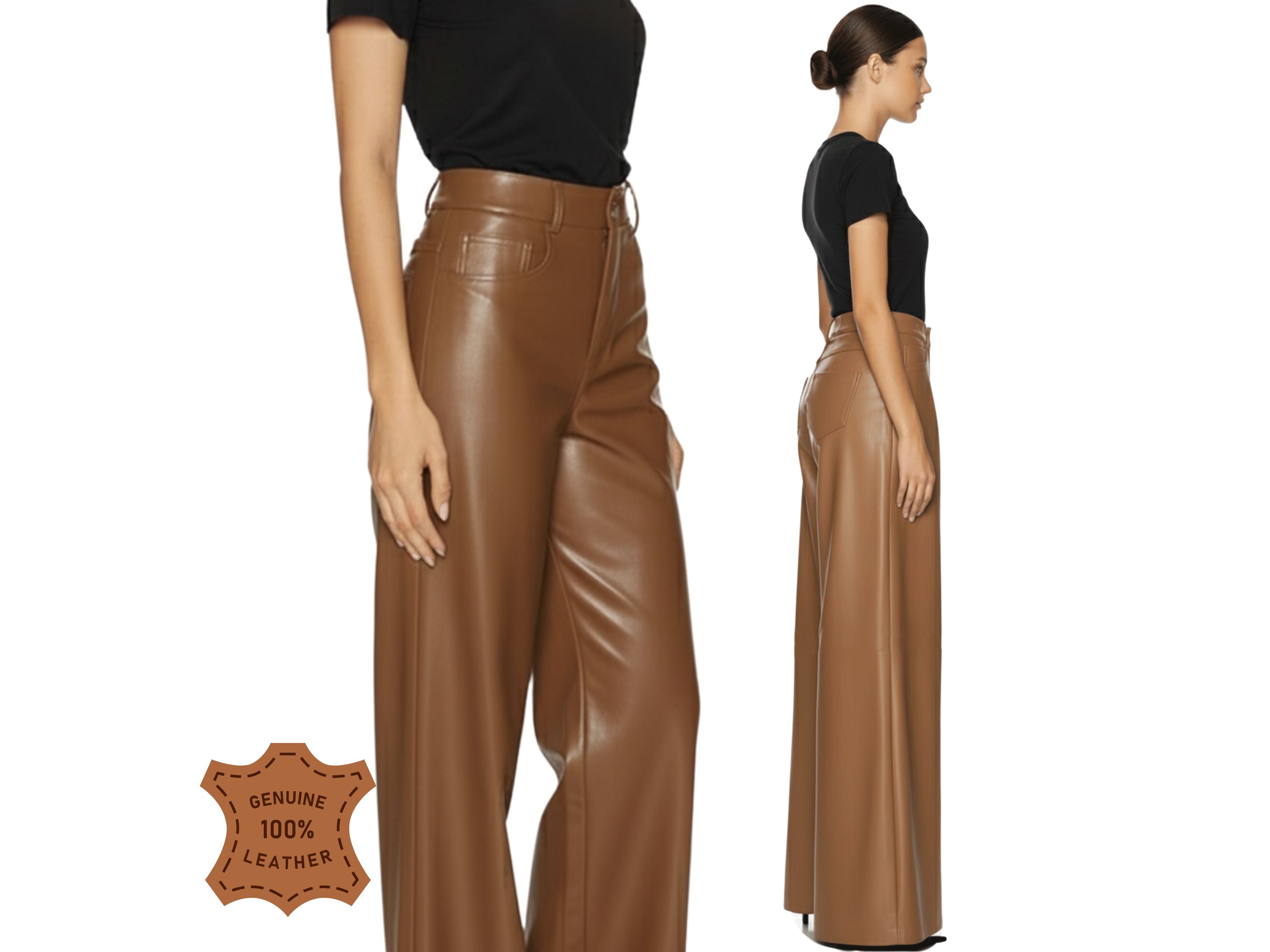 Women Wide Leg Real Leather Pant in Brown – Luxury Cowhide Leather Trousers