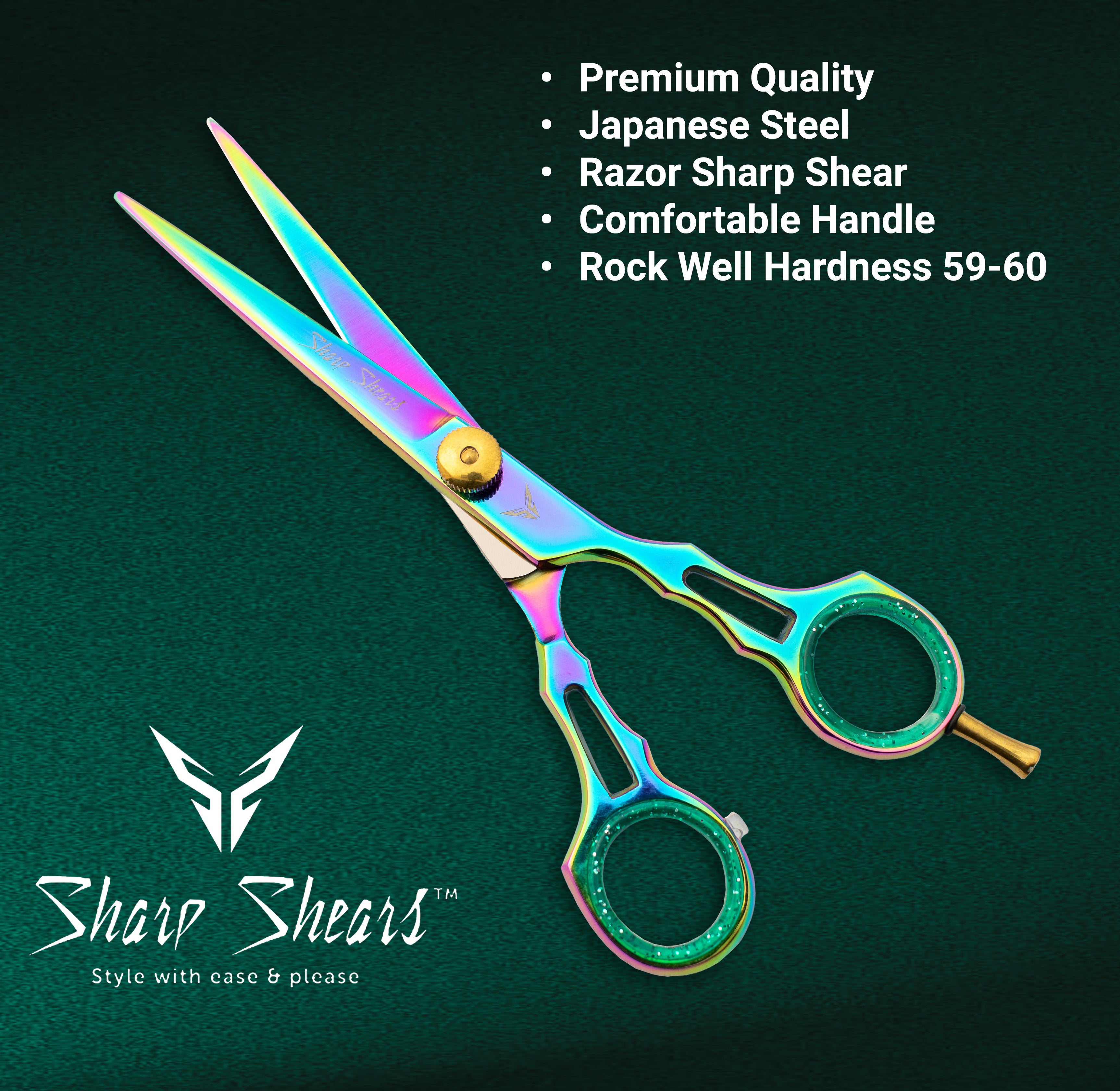 Colorful shears with Sharp Shears branding on a dark green background