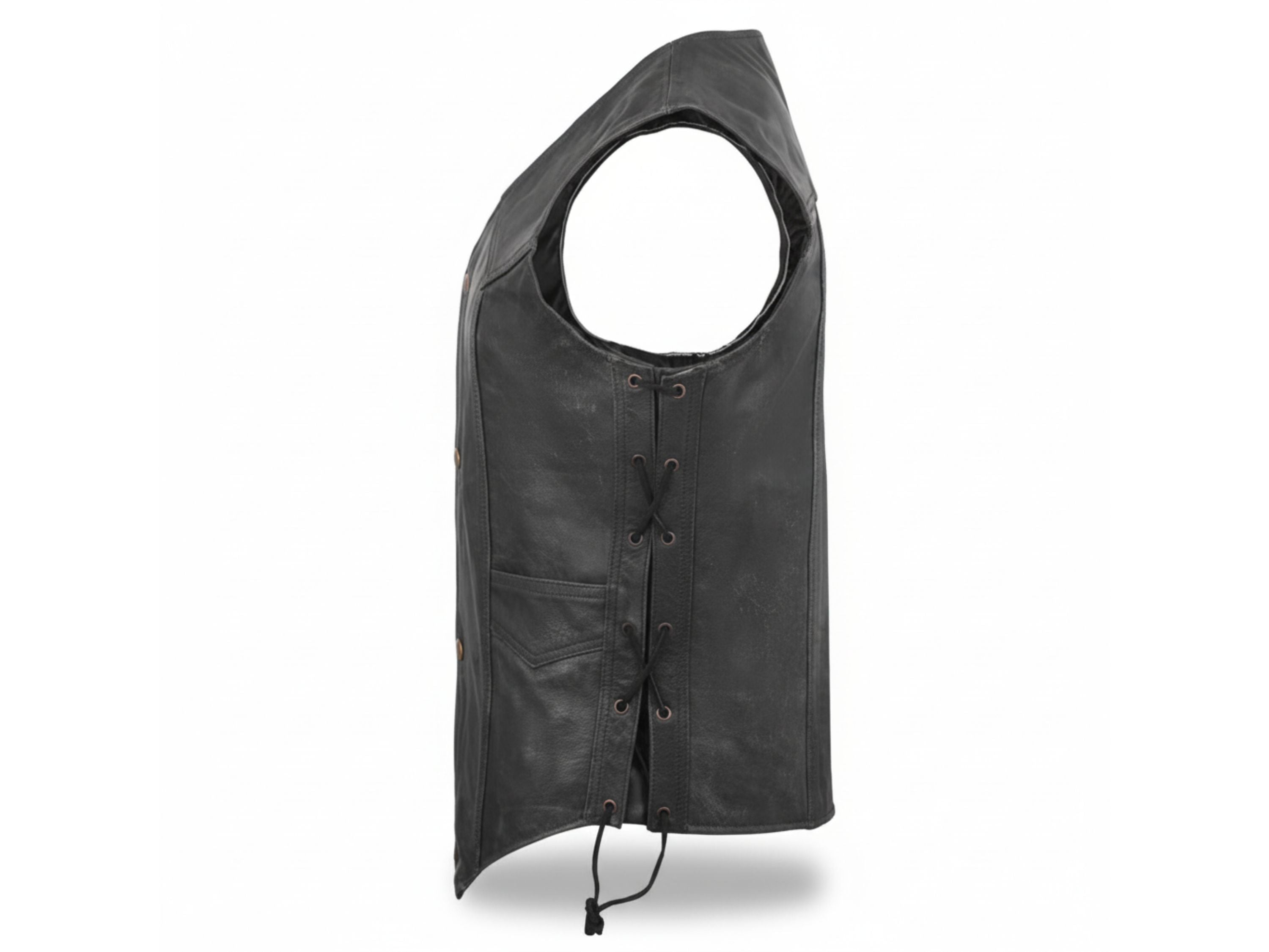 Black Distressed Leather vest with stud buttons and hidden zip outlaw biker vest