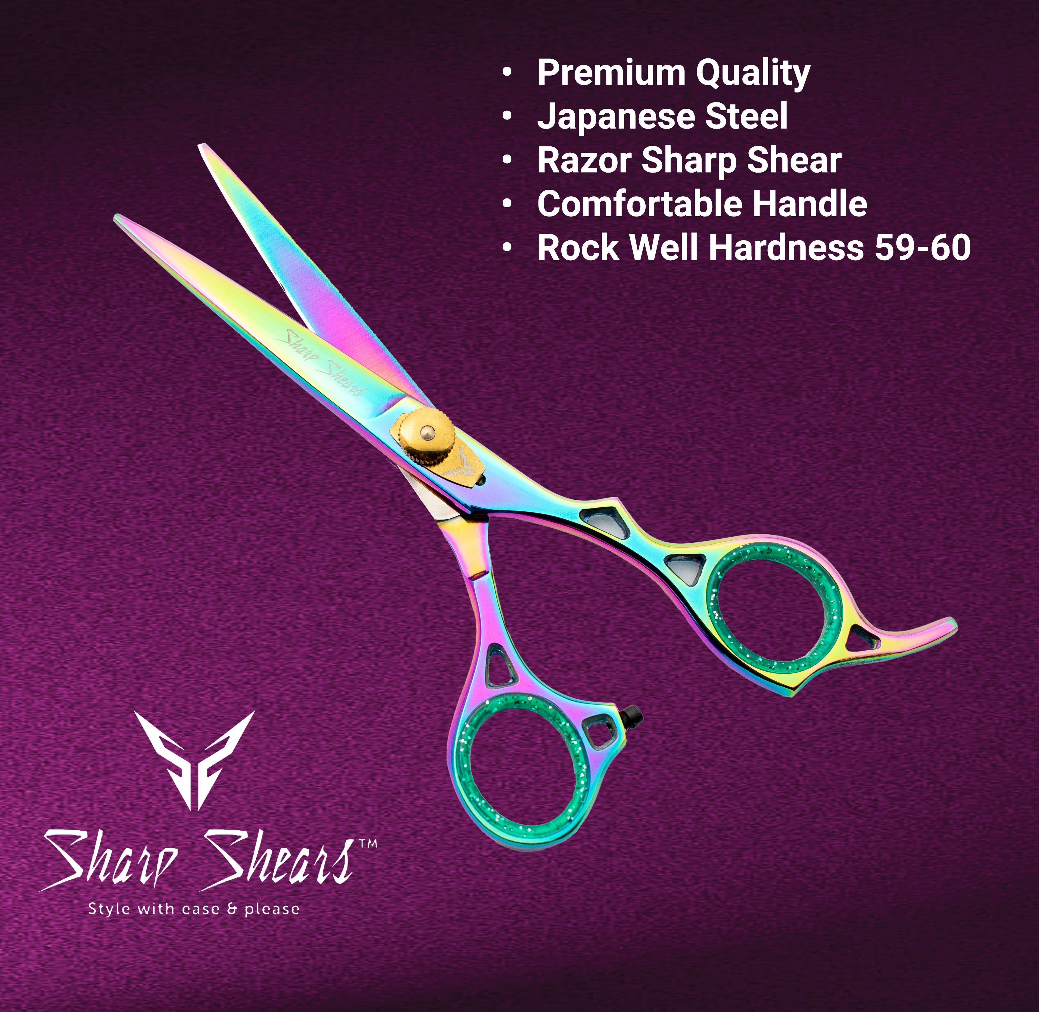 Colorful shears with Sharp Shears branding on a purple background