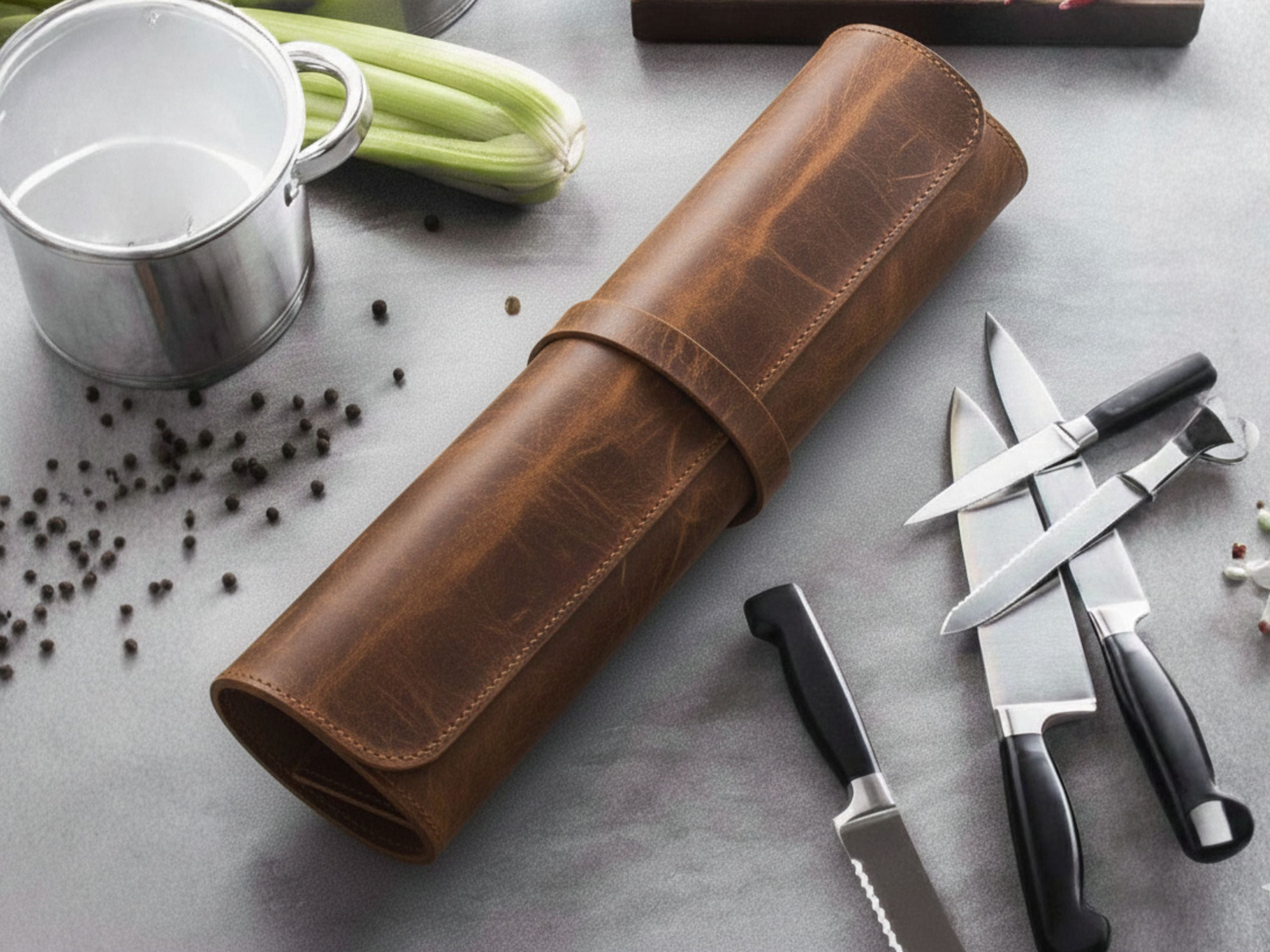 Crazy Horse Brown Leather Knife Roll – Premium 6 Slot Chef Knife Bag