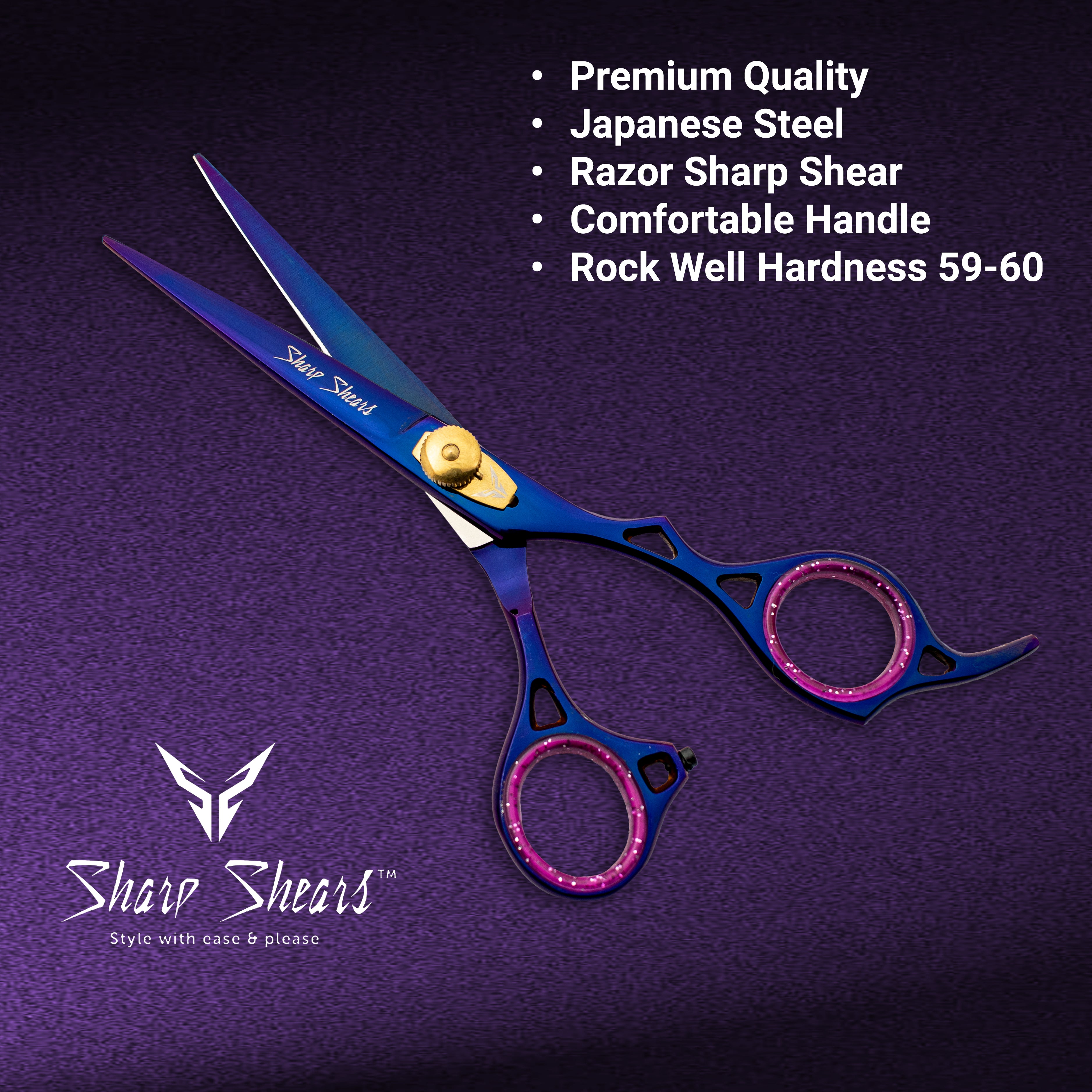 Blue and purple shear with text on a purple background, featuring the brand 'Shear Shears'.