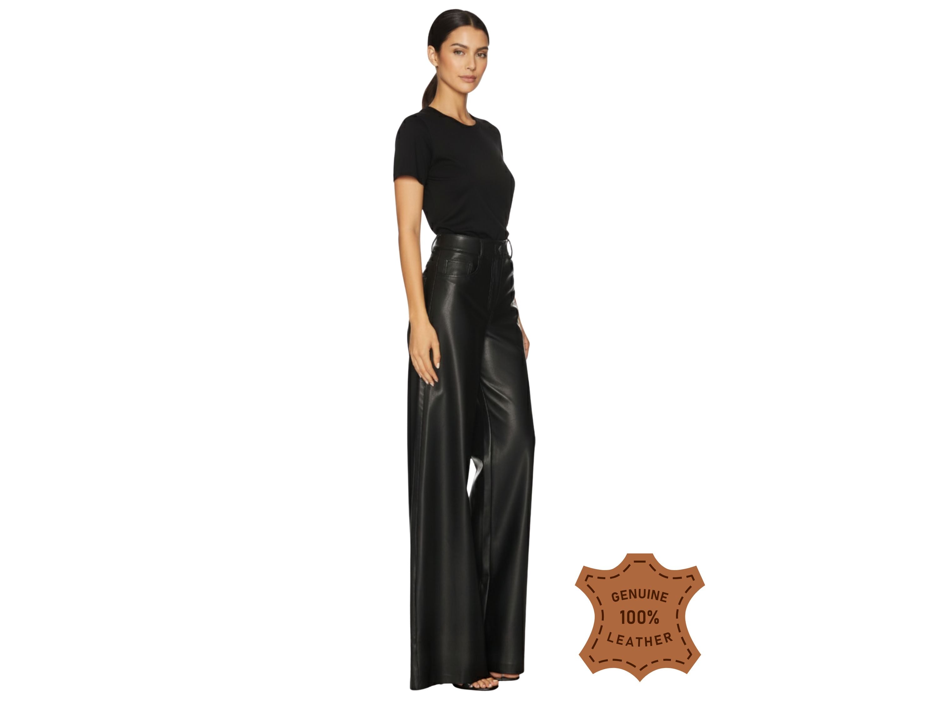 Women Wide Leg Real Leather Pant in Black Luxury Outfit