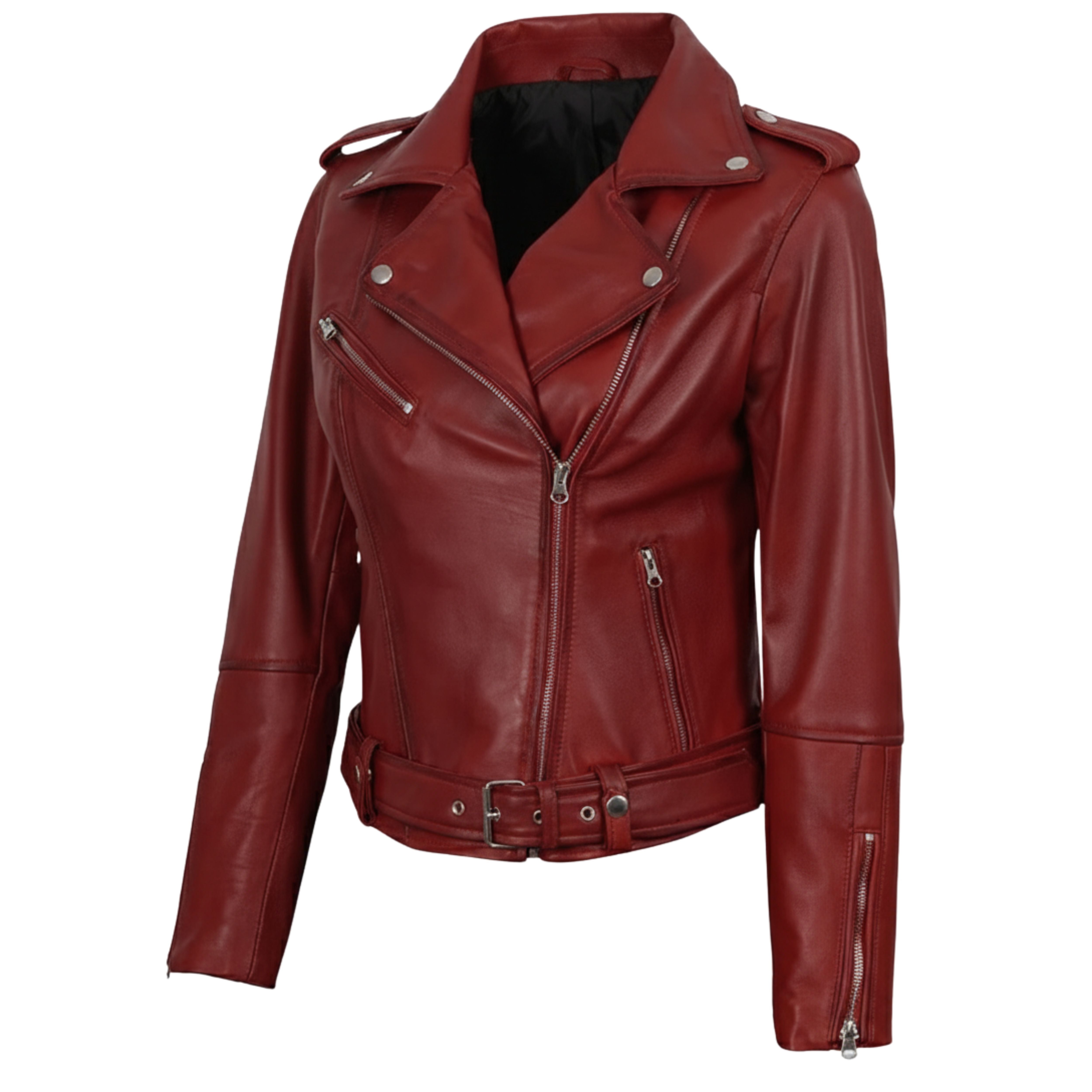 Women’s Real Lambskin Leather Biker Jacket – Asymmetrical Belted Moto Style in Red