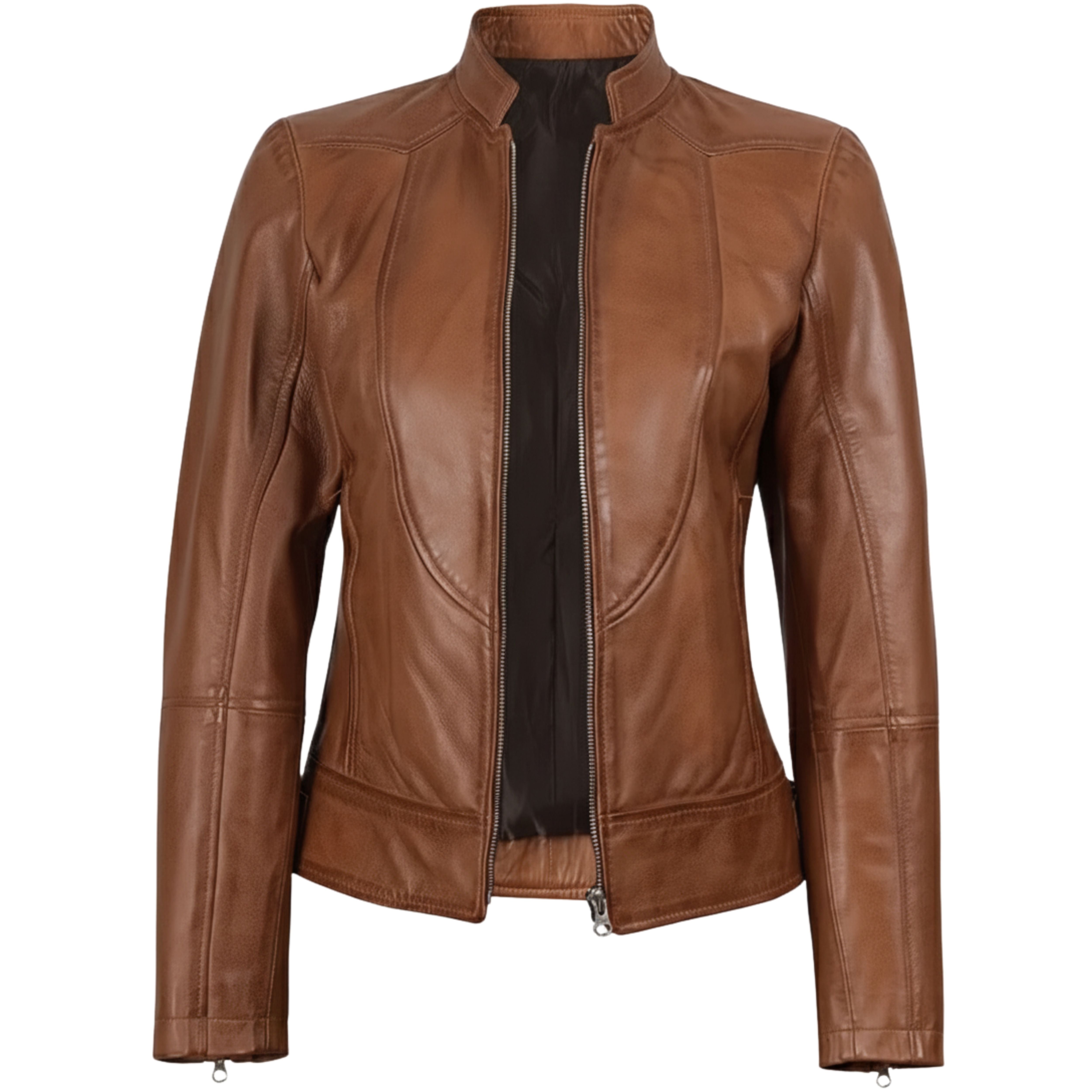 Women’s Tan Waxed Slim Fit Biker Style Leather Jacket