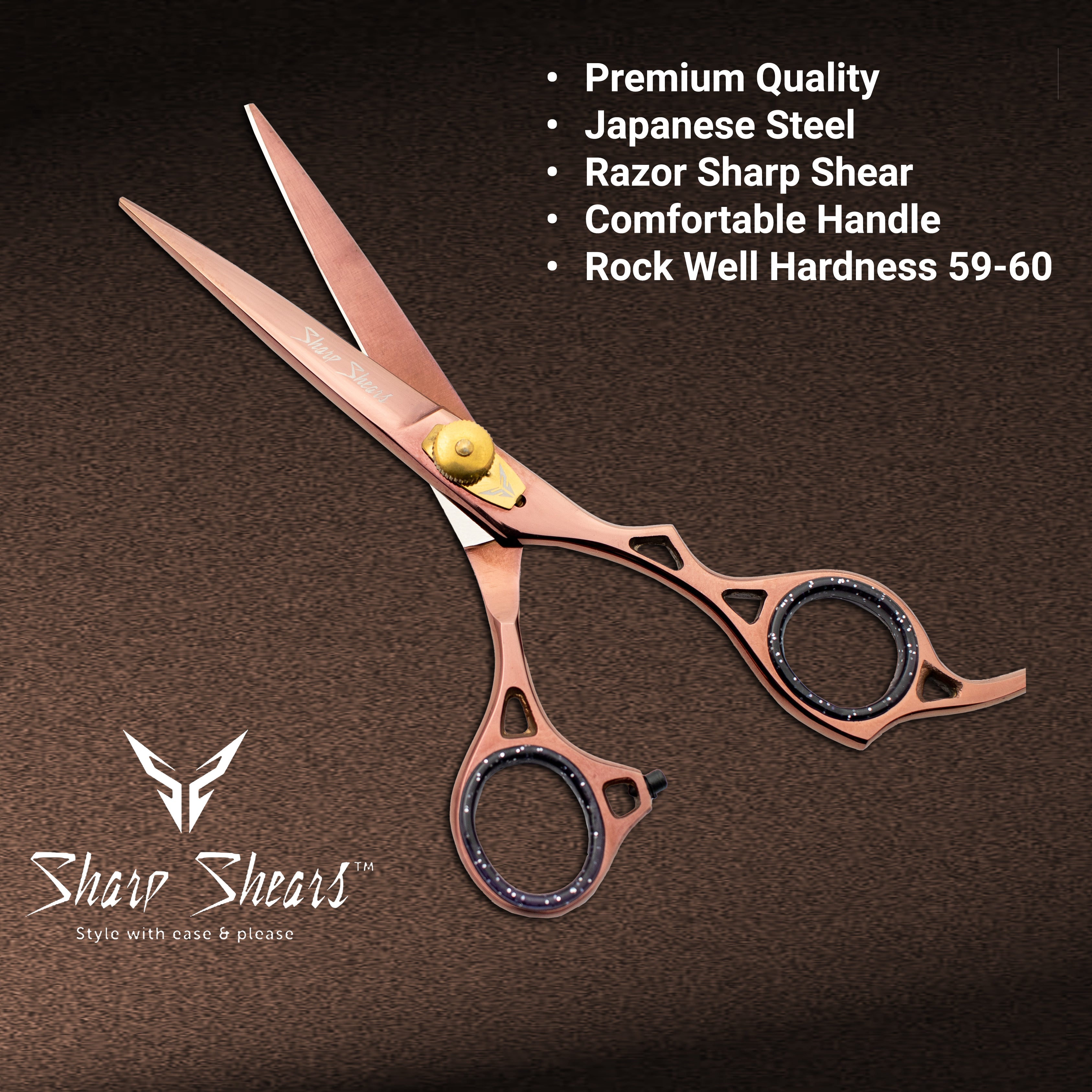 Hair shears with Sharp Shears branding on a brown background