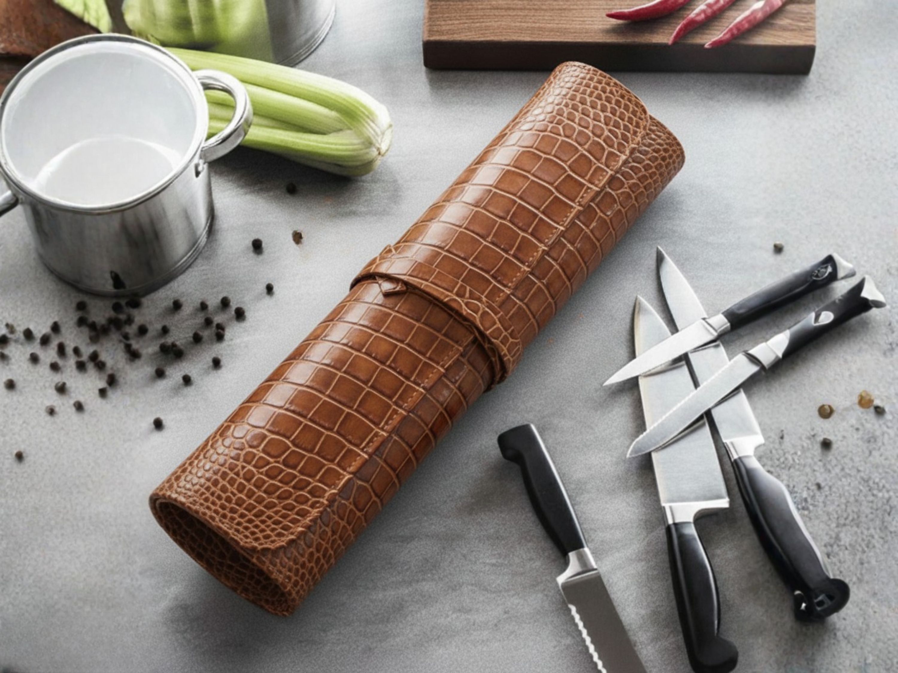 Crocodile-Embossed Cowhide Leather Knife Roll – 6-Slot Premium Chef Tool Bag for Knives, Utensils & Cutlery