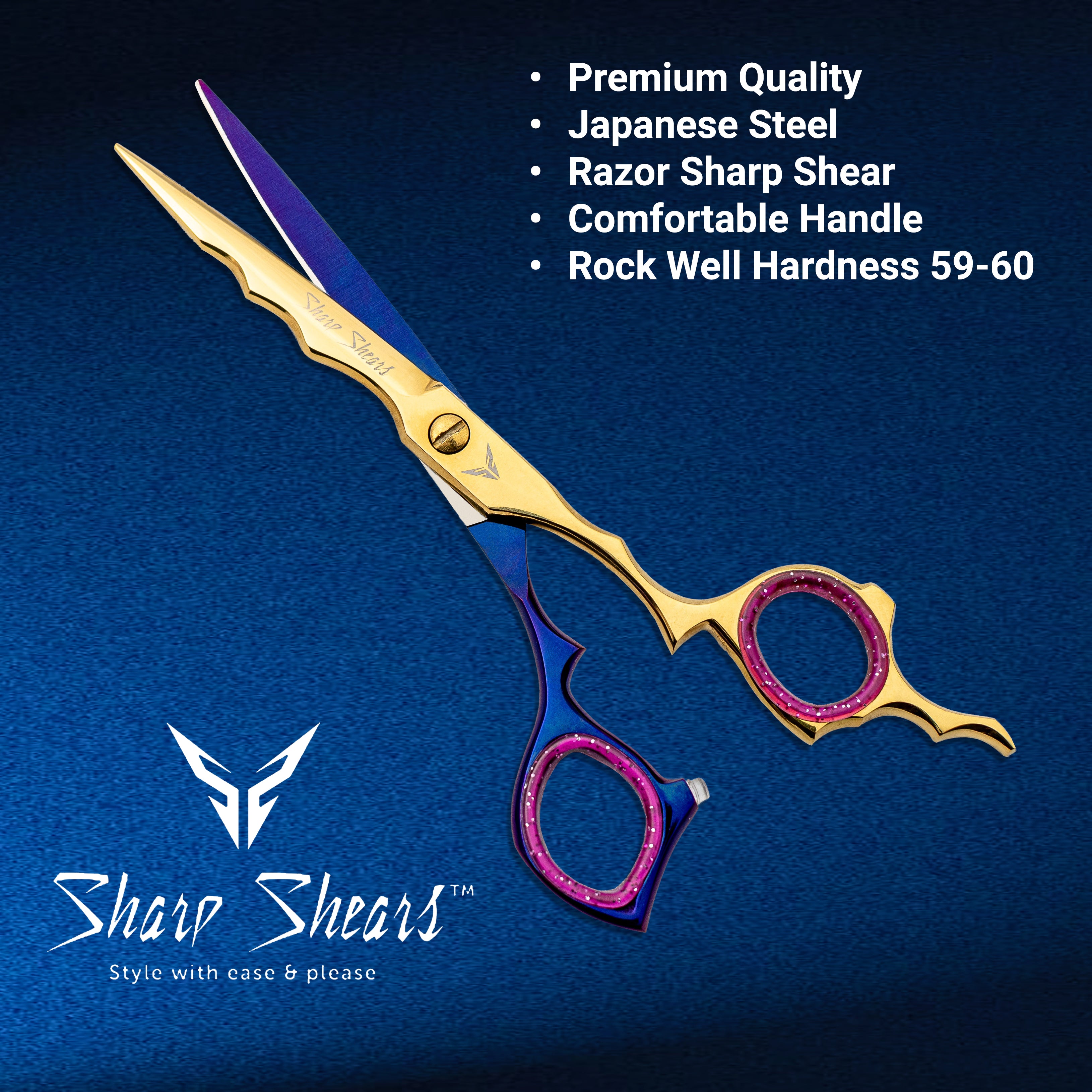Barber Scissors Blue and Gold Color 6.5 Inch Japanese Steel Hair Cutting Tool for Hairdressers Stylists with Storage Pouch