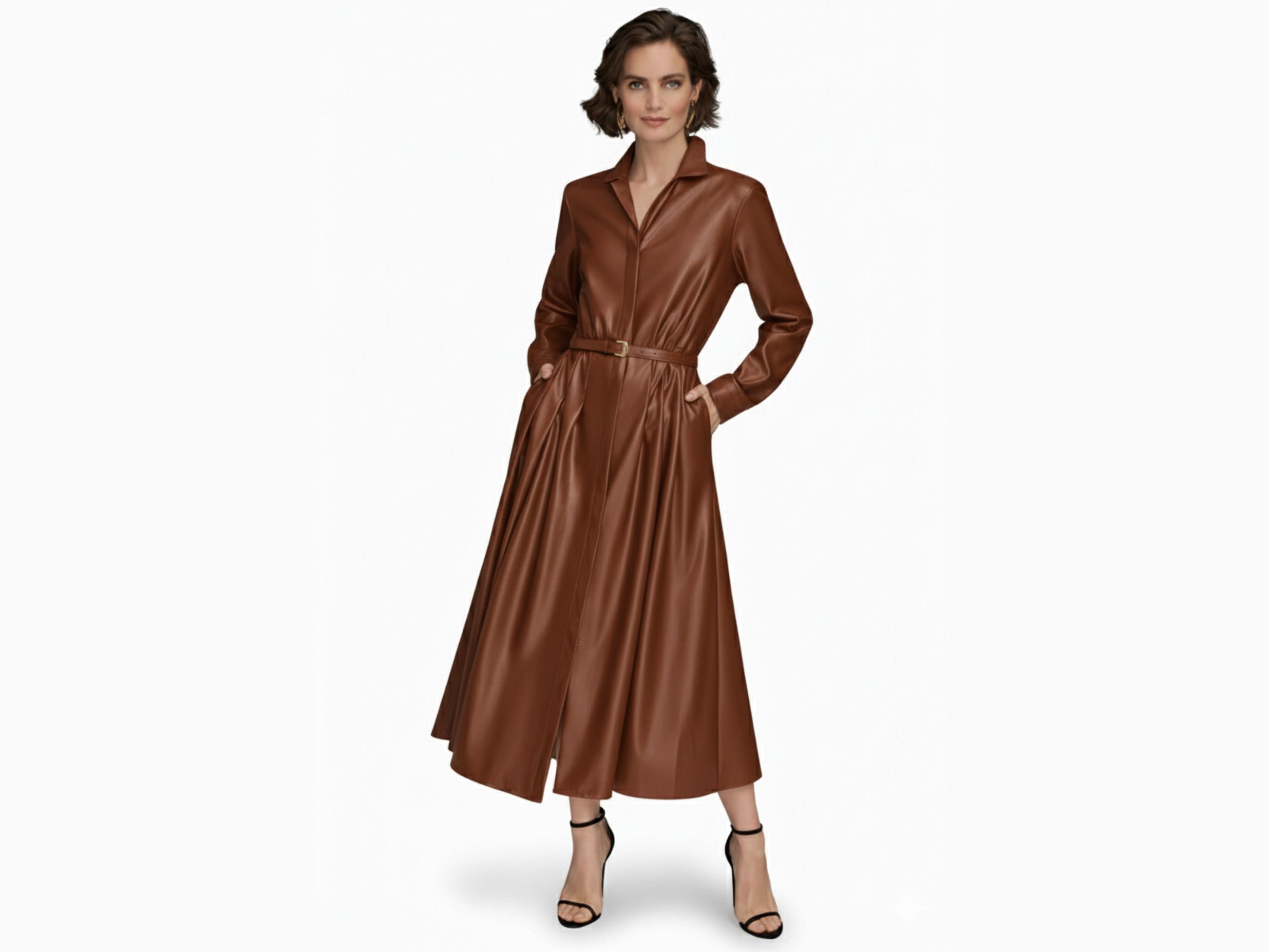 Leather Midi Shirt Dress – Black & Brown | Unique Women Style | Fall Style Gifts | Luxury Leather Anniversary Gifts for Her