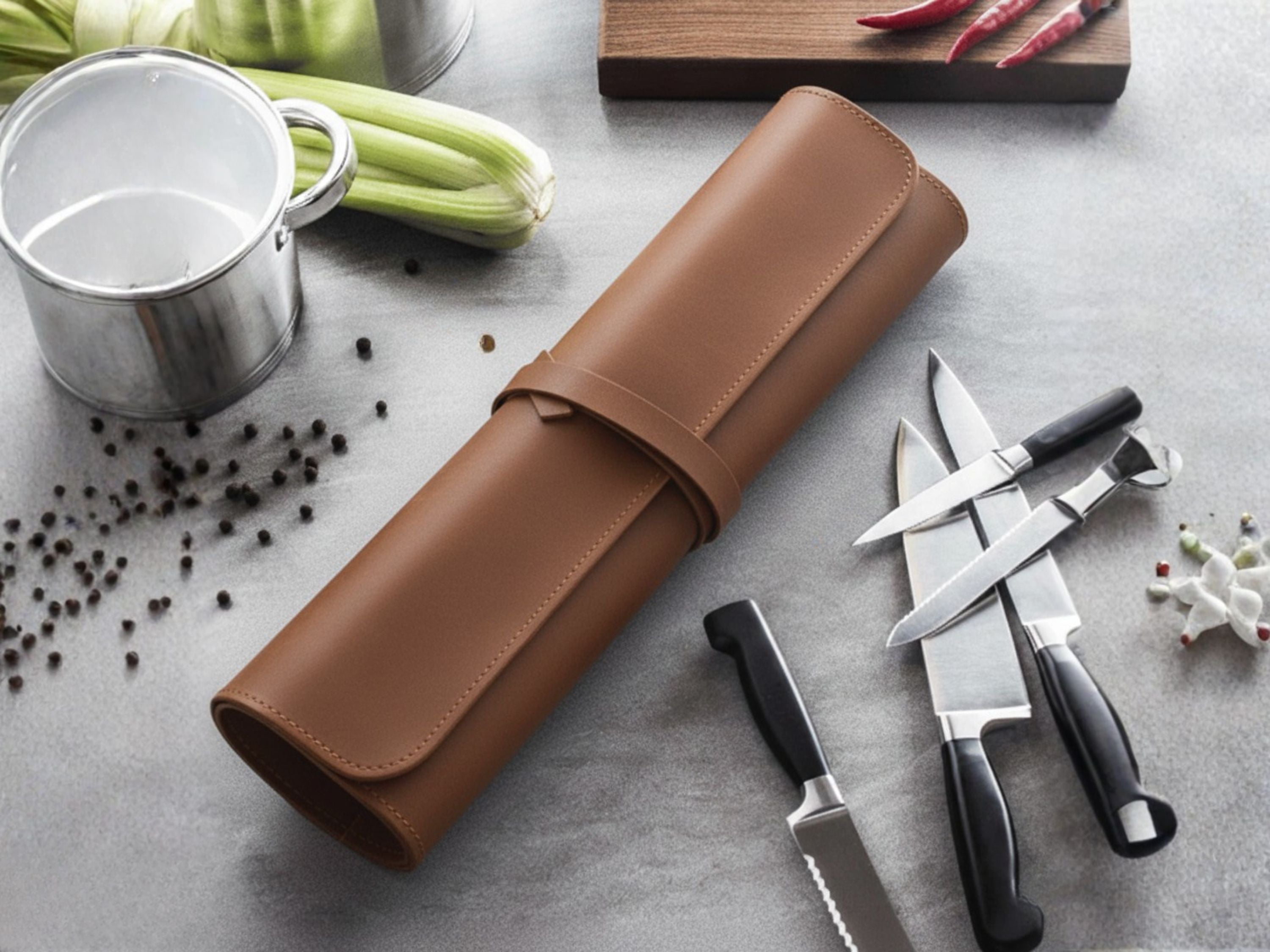 Brown Premium Leather Knife Roll – 6 Slot Chef Knife Bag for Cutlery, Tools & Utensils | Professional Storage for Chefs & BBQ