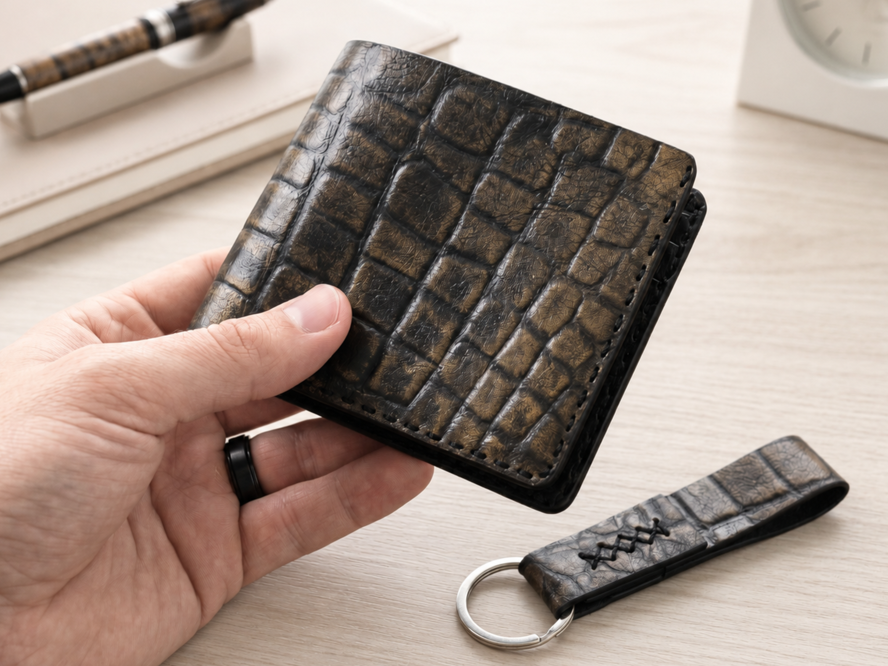 Customized handmade crocodile leather wallet for mens boyfriend gift bifold slim card holder engraved wallets birthday gifts for him