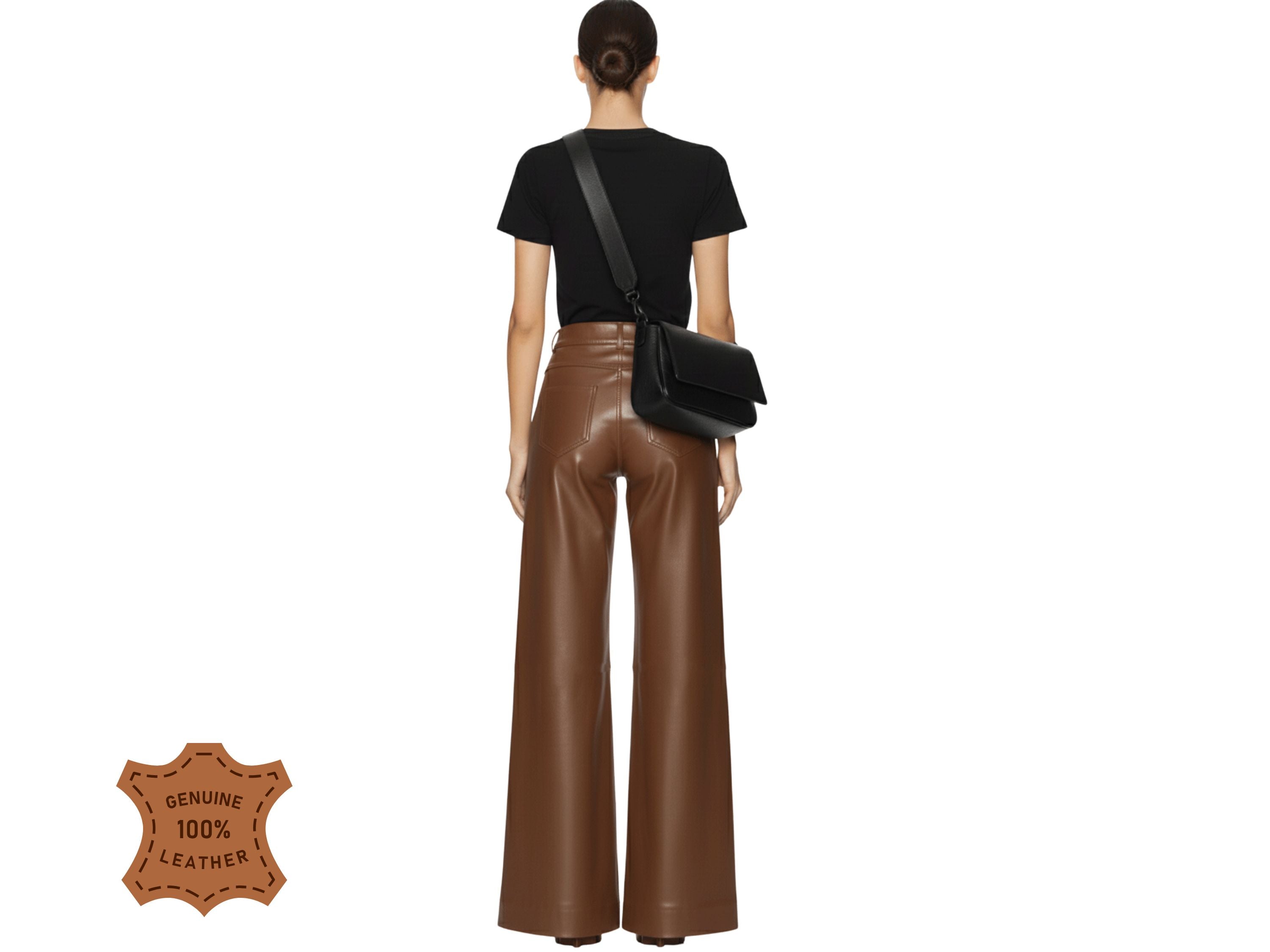 Women Wide Leg Real Leather Pant in Brown – Luxury Cowhide Leather Trousers